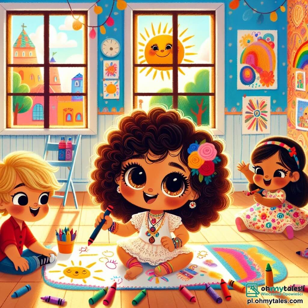 Une illustration sous forme de dessin destinée aux enfants représentant une salle de classe colorée et ensoleillée, avec des tapis moelleux et des murs décorés de dessins d'enfants ; au centre, une petite fille d'environ un an, aux grands yeux brillants et aux cheveux bouclés, souriante, assise sur le sol en train de dessiner un soleil avec des crayons colorés ; à ses côtés, deux amis : un garçon aux cheveux blonds et un t-shirt rouge, qui dessine un grand chien, et une fille aux cheveux bruns et une robe à fleurs, qui danse joyeusement, tous trois partageant un moment de bonheur et d'amitié.