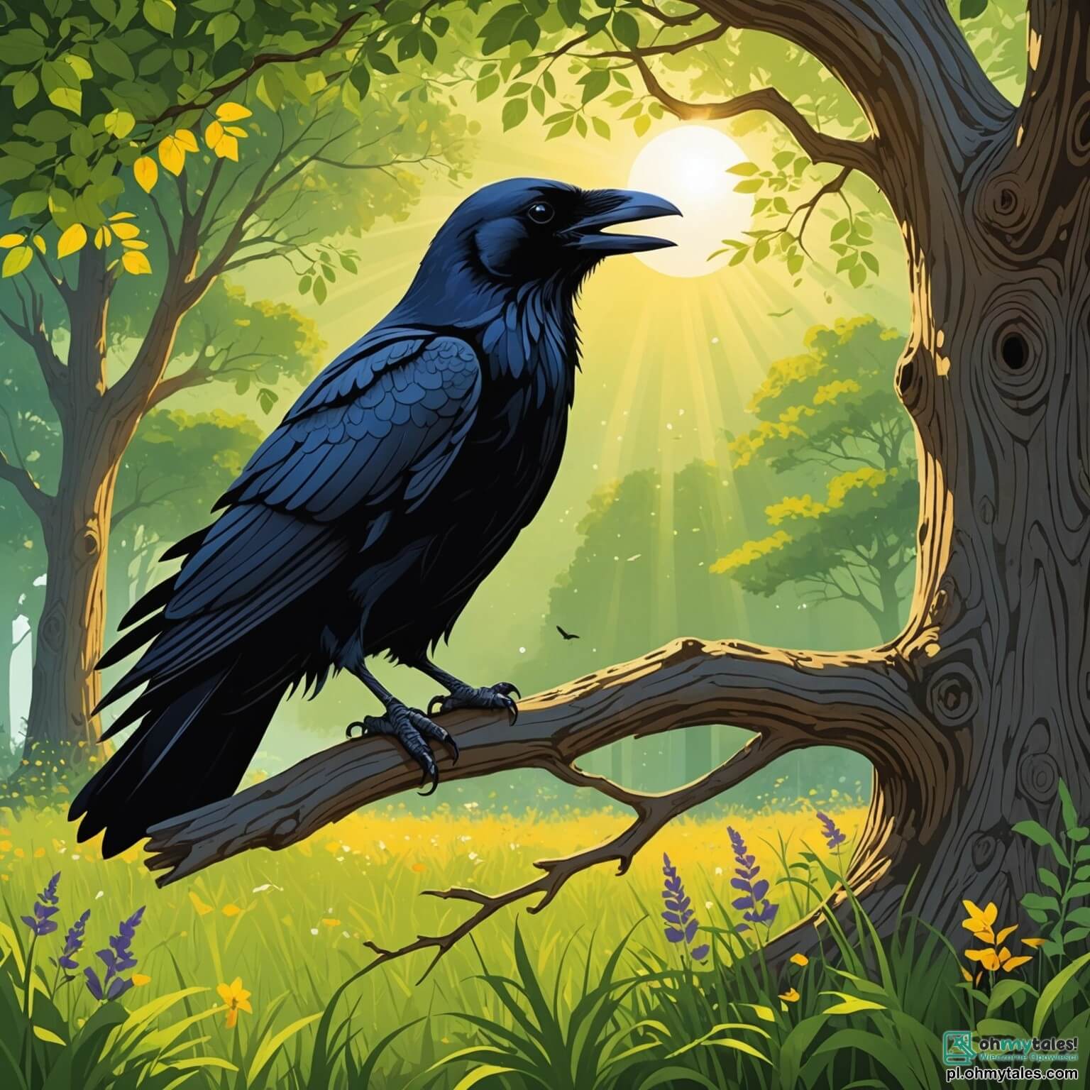 Une illustration destinée aux enfants représentant un majestueux corbeau aux plumes d'un noir profond, brillant comme l'ébène sous les rayons dorés du soleil, perché sur une branche d'un vieux chêne aux feuilles verdoyantes qui dansent doucement au gré du vent, tandis qu'il observe avec curiosité son ami le joyeux lapin aux oreilles longues et soyeuses, qui s'ébat joyeusement dans une prairie parsemée de fleurs colorées, où les papillons virevoltent autour d'eux, et où se dessine en arrière-plan un mystérieux sentier serpentant à travers une forêt enchantée, pleine de secrets et de merveilles à découvrir.