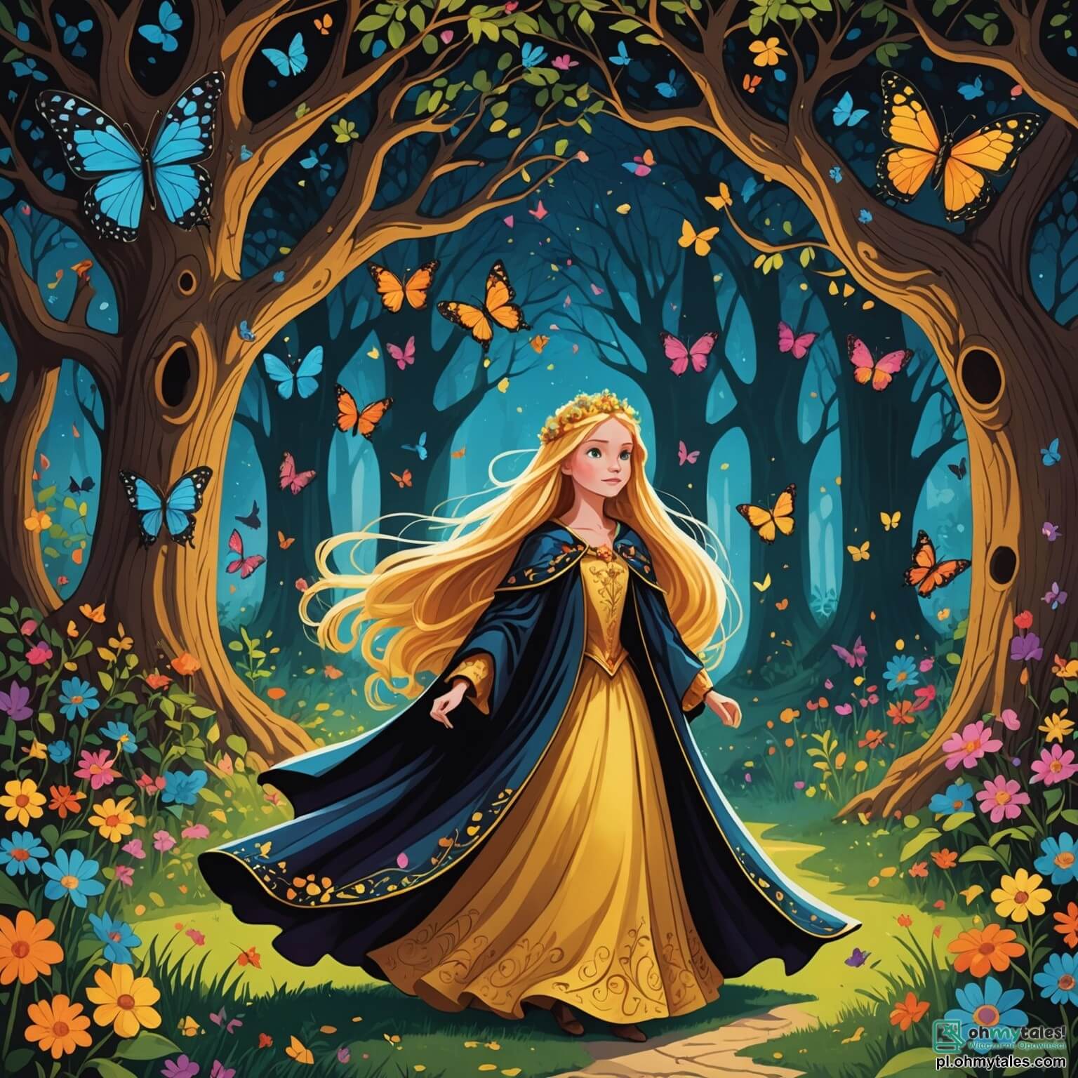 Une illustration destinée aux enfants représentant une princesse aux longs cheveux dorés, vêtue d'une robe scintillante ornée de fleurs éclatantes, se tenant avec détermination au milieu d'un jardin enchanté, où des papillons multicolores dansent autour d'elle, alors qu'elle fait face à un sombre sorcier à la cape noire, qui se cache dans l'ombre d'un grand chêne noueux, tandis qu'un courageux prince au regard pétillant et à l'armure brillante se tient à ses côtés, prêt à l'aider dans sa quête pour briser le sortilège qui menace leur royaume, le tout se déroulant dans un royaume féerique, où des châteaux majestueux se dressent au loin, entourés de collines verdoyantes et de rivières scintillantes sous le doux soleil du matin.