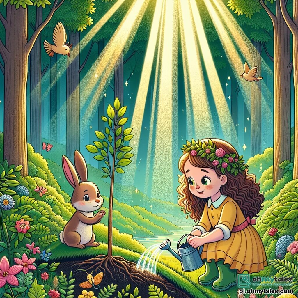 Une illustration sous forme de dessin destinée aux enfants représentant une forêt verdoyante baignée de lumière, où une fille de 9 ans aux cheveux châtains et bouclés, vêtue d'une robe jaune et de bottes en caoutchouc, s'agenouille avec un sourire radieux pour arroser un jeune arbre qu'elle vient de planter, tandis qu'à ses côtés, un petit lapin brun aux grandes oreilles l'observe avec curiosité, symbolisant leur amitié et leur engagement à protéger la nature, entourés de fleurs colorées et d'oiseaux chantants, illustrant ainsi l'importance de prendre soin de l'environnement.