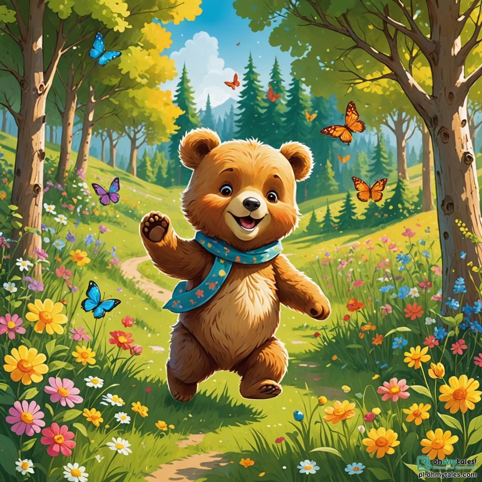 Une illustration destinée aux enfants représentant une petite ourse espiègle aux yeux pétillants et au pelage doré, sautillant joyeusement dans une prairie ensoleillée parsemée de fleurs colorées et de papillons dansants, tandis qu'un malin petit lapin aux grandes oreilles l'observe en riant derrière un buisson fleuri, le tout se déroulant dans un charmant coin de forêt où les rayons du soleil filtrent à travers les feuilles des arbres, créant un tableau vivant de bonheur et d'amitié.