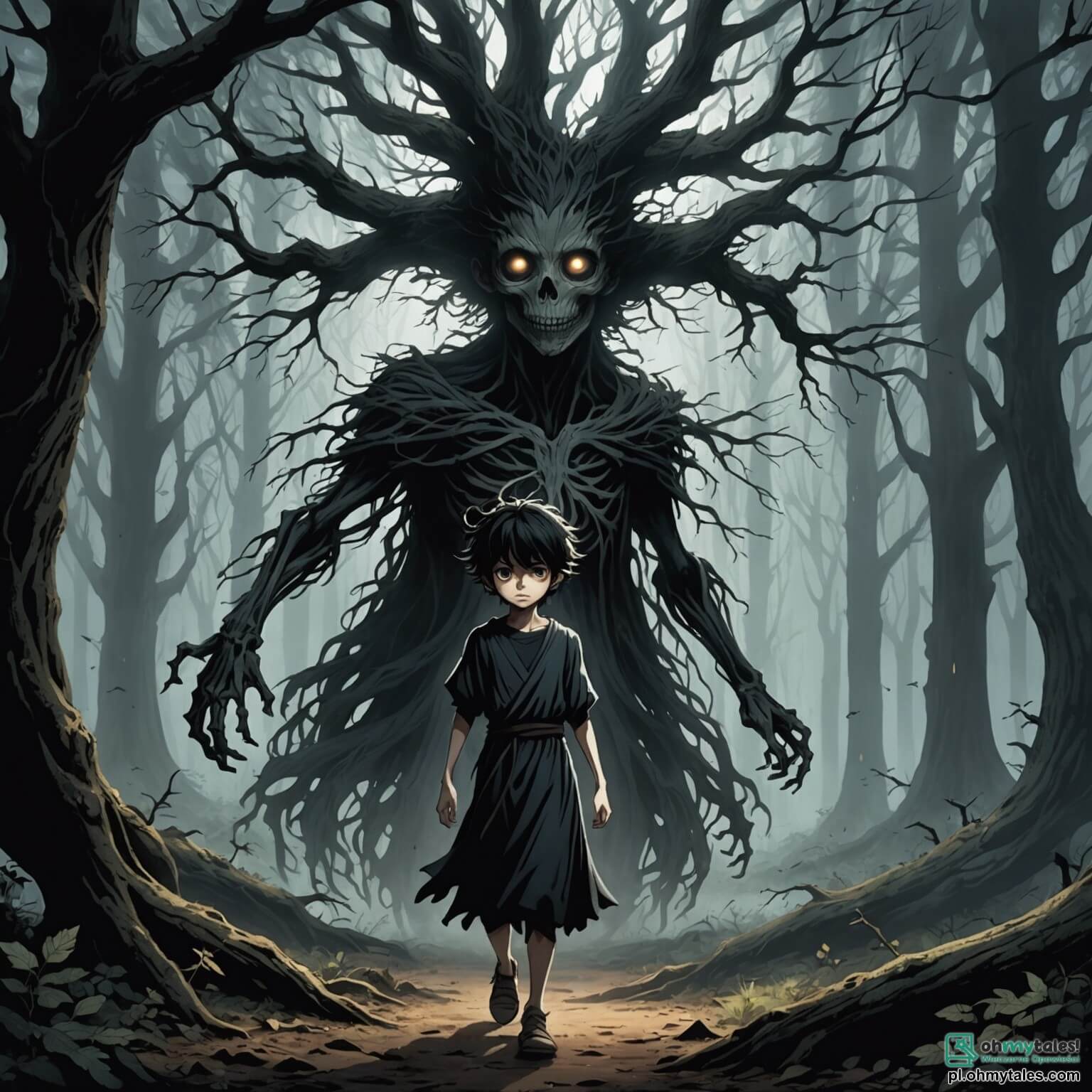 Une illustration destinée aux enfants représentant un garçon aux cheveux ébouriffés et aux yeux écarquillés, errant dans une forêt sombre et brumeuse où les arbres tordus, aux branches squelettiques, semblent murmurer des secrets oubliés, tandis qu'une silhouette spectrale, une fille aux longs cheveux noirs flottants et à la robe déchirée, l'observe depuis l'ombre d'un vieux chêne, alors qu'il cherche désespérément à échapper à une légende terrifiante qui raconte qu'une créature maléfique hante ces lieux, attirant les âmes perdues dans un tourbillon d'effroi et de mystère.