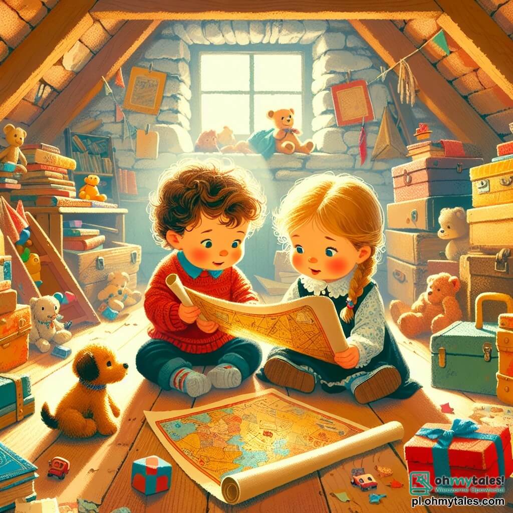 Une illustration sous forme de dessin destinée aux enfants représentant un vieux grenier rempli de jouets colorés et de livres poussiéreux, où un groupe de deux enfants de 1 an, un garçon aux cheveux bouclés et une fille avec une tresse, est assis par terre, émerveillés, en train d'examiner une vieille carte au trésor, tandis qu'une petite peluche en forme de chien les regarde avec curiosité, le tout baigné dans une douce lumière dorée filtrant à travers une fenêtre poussiéreuse.