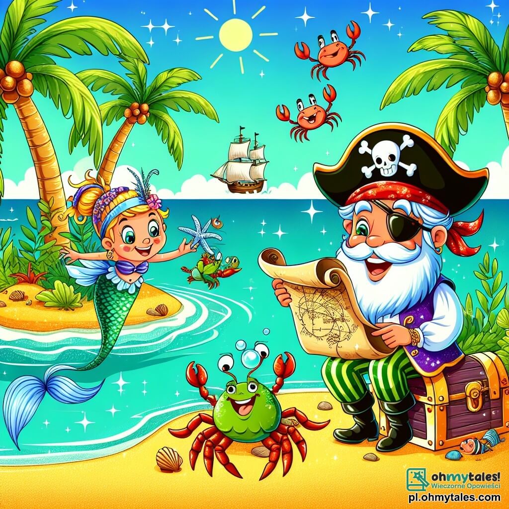 Une illustration sous forme de dessin destinée aux enfants représentant une île tropicale ensoleillée avec des palmiers verdoyants et une plage de sable doré, où un homme pirate à la barbe blanche et aux yeux pétillants, vêtu d'un chapeau de pirate et d'une chemise colorée, tient une vieille carte au trésor, tandis qu'une petite fille sirène aux écailles scintillantes et aux cheveux flottants nage joyeusement à ses côtés, et un groupe de krabes joyeux dansent autour d'eux, tous célébrant la découverte d'un trésor caché, symbolisant l'amitié et l'aventure.