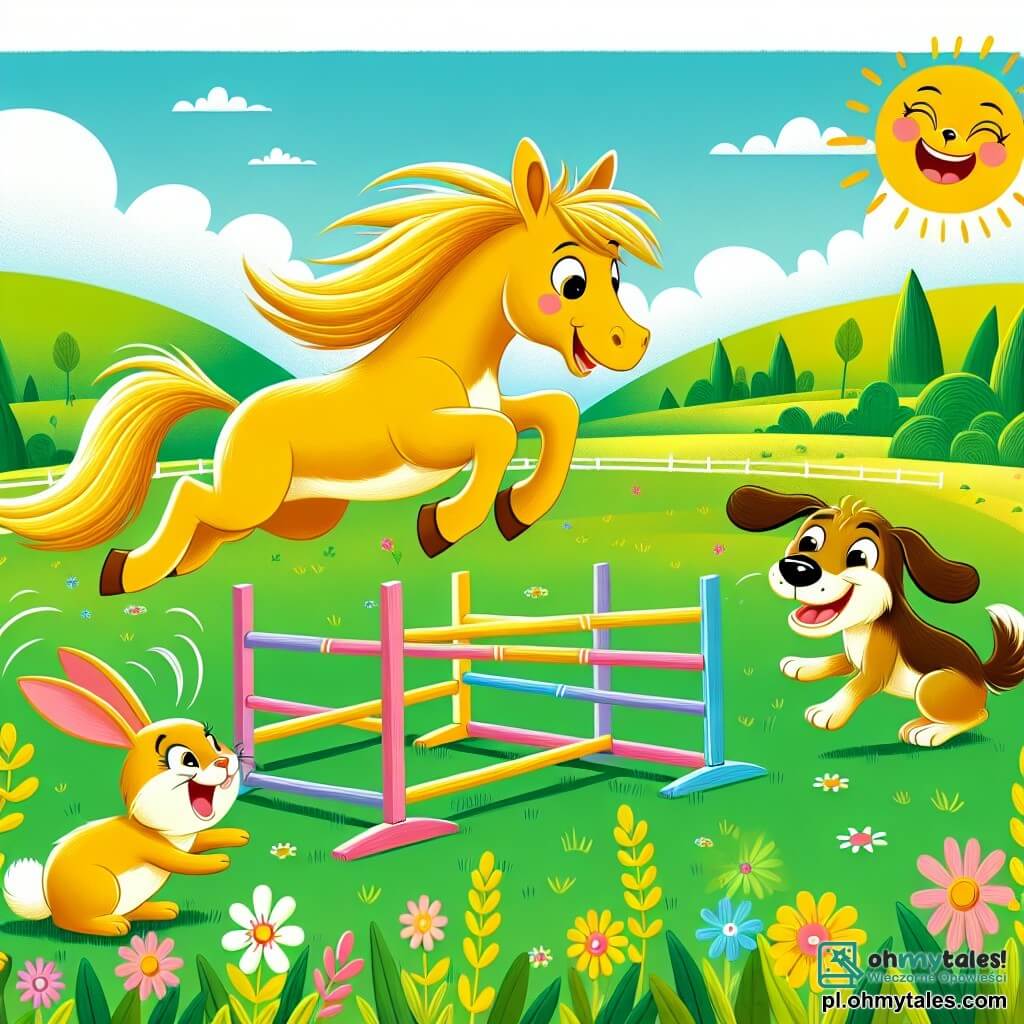Une illustration sous forme de dessin destinée aux enfants représentant une vaste et verdoyante prairie ensoleillée, où un joyeux cheval à la crinière dorée, sautant avec enthousiasme, se retrouve en train de danser au-dessus de colorées obstacles faits de branches et de feuilles, tandis qu'un petit lapin aux grandes oreilles et un chien espiègle aux yeux pétillants l'encouragent en riant, créant une scène pleine de joie et de camaraderie, illustrant l'esprit ludique et amusant des compétitions amicales entre animaux.