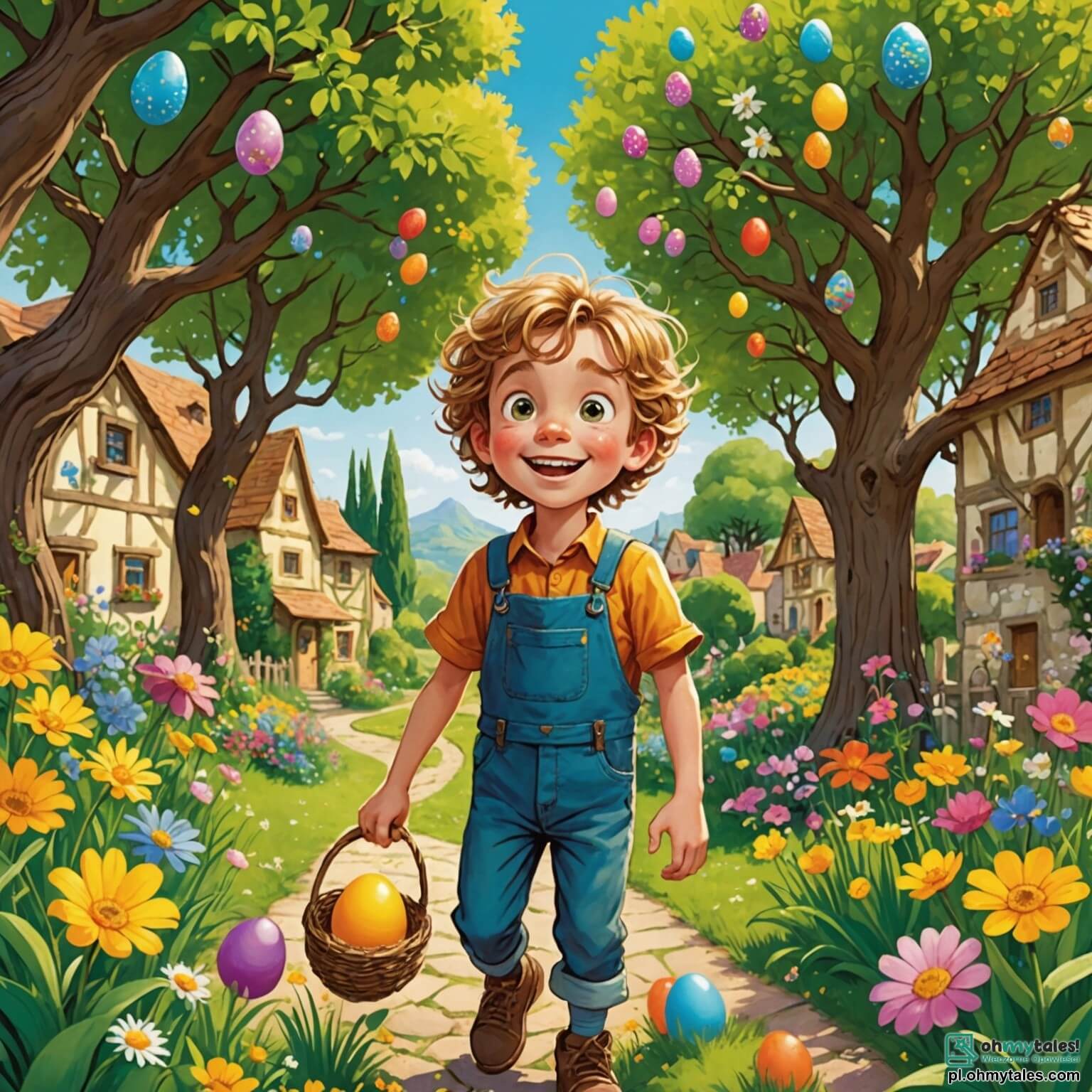 Une illustration destinée aux enfants représentant un garçon curieux aux cheveux ébouriffés, les yeux pétillants d'excitation, se tenant au milieu d'un jardin enchanteur aux fleurs colorées et aux arbres en fleurs, où il explore avec sa meilleure amie, une fille joyeuse aux tresses dorées, un œuf mystérieux et scintillant qu'ils ont découvert, promettant une aventure magique de Pâques dans leur charmant petit village, entouré de rires et de traditions festives.