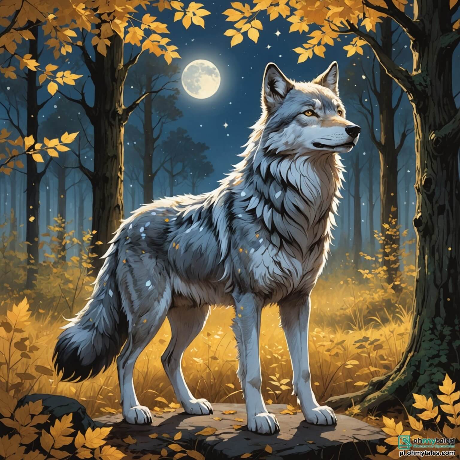 Une illustration destinée aux enfants représentant un majestueux loup au pelage argenté, aux yeux brillants comme des étoiles scintillantes dans la nuit, se tenant fièrement au bord d'une clairière ensoleillée, entourée de grands arbres aux feuilles dorées qui dansent doucement au gré du vent, tandis qu'il observe avec curiosité un petit lapin aux grandes oreilles, qui pleure doucement, piégé dans un buisson épineux, dans un monde féerique où les rayons du soleil filtrent à travers les branches, créant des ombres dansantes sur le sol recouvert de fleurs colorées et de mousses douces, tandis que des écureuils malicieux et un ours bienveillant se cachent derrière les troncs, prêts à assister à la naissance d'une belle amitié.