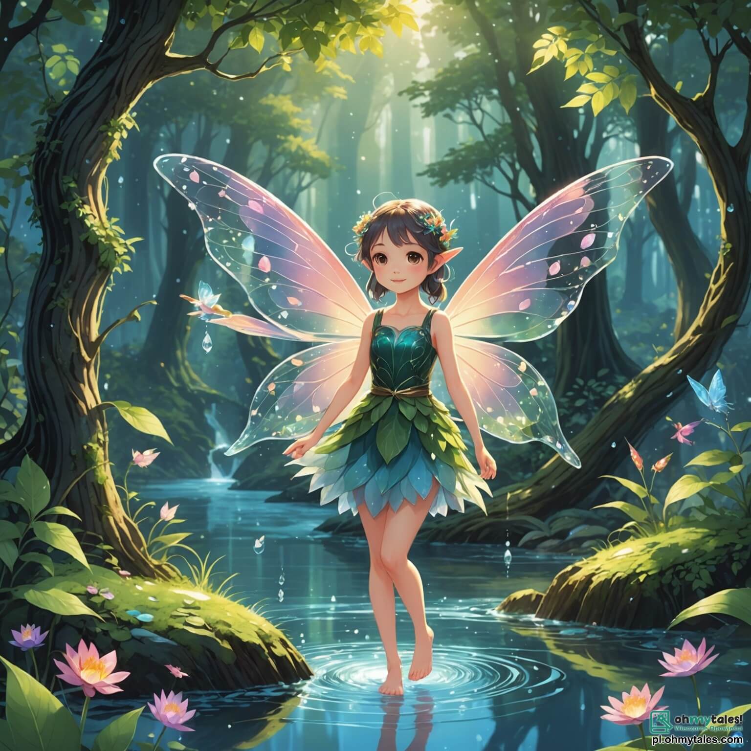 Une illustration destinée aux enfants représentant une délicate elfe aux ailes scintillantes comme des gouttes de rosée, se tenant au bord d'une rivière aux eaux cristallines serpentant à travers une forêt enchantée, où des arbres aux troncs torsadés s'élèvent majestueusement, leurs feuilles chatoyantes dansent au rythme du vent, tandis qu'un petit dragon farceur, aux écailles étincelantes de mille couleurs, l'observe avec malice, prêt à l'accompagner dans une quête magique.
