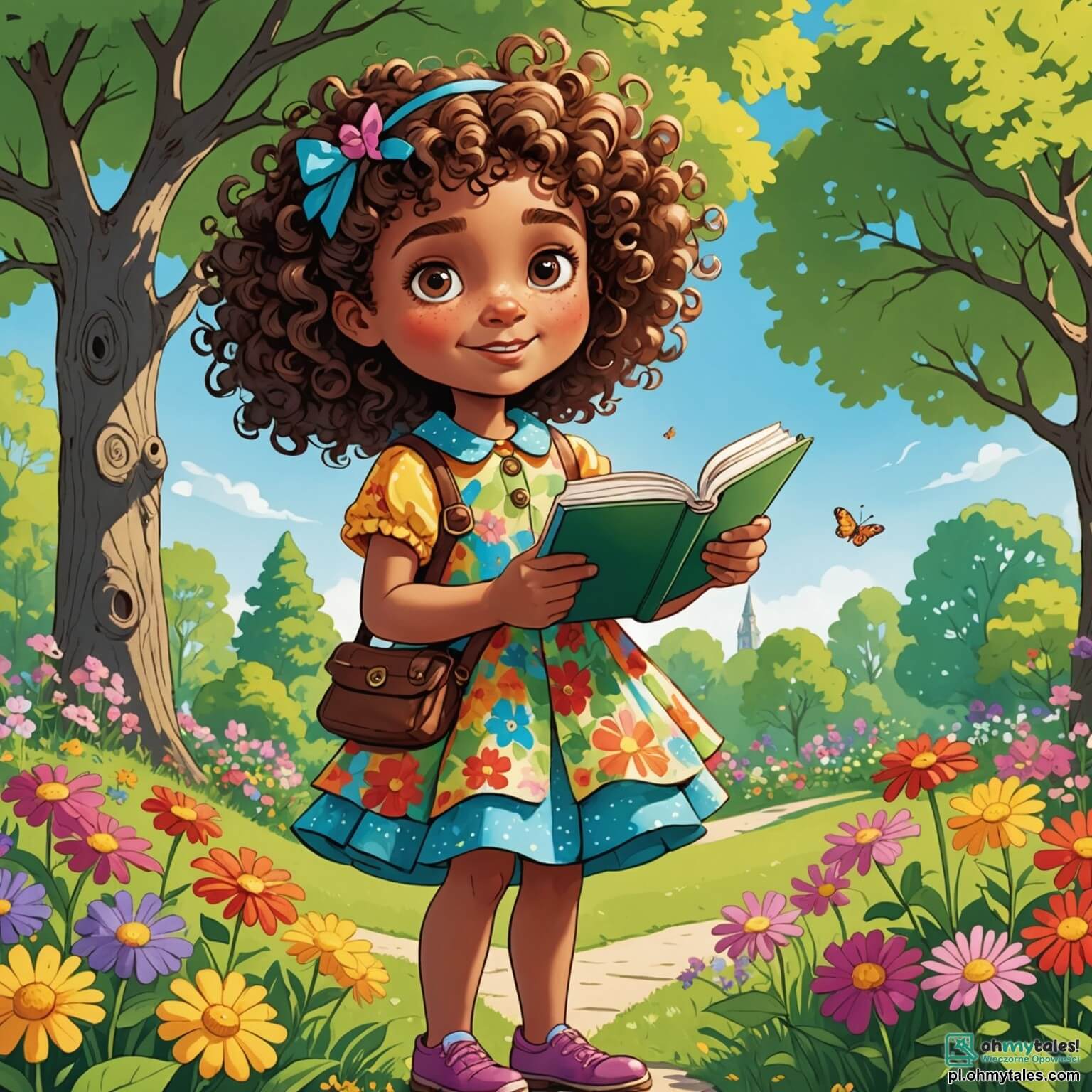 Une illustration destinée aux enfants représentant une petite fille aux cheveux bouclés et aux yeux pétillants, vêtue d'une robe colorée ornée de fleurs, qui, armée de sa loupe et d'un carnet de notes, se lance dans une aventure palpitante pour retrouver un mystérieux voisin âgé qui a disparu du parc verdoyant et ensoleillé, où les arbres majestueux dansent au gré du vent, les fleurs multicolores embaument l'air de leurs doux parfums, et les rires des enfants résonnent autour d'elle, tandis qu'elle est accompagnée de ses deux fidèles amis : une fille aux cheveux tressés, toujours prête à l'aider avec son esprit vif, et un garçon aux lunettes rondes, passionné par les énigmes, tous trois déterminés à résoudre ce mystère au cœur de leur quartier animé.