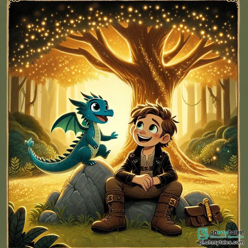 Une illustration sous forme de dessin destinée aux enfants représentant une clairière enchantée, baignée de lumière dorée, avec un grand arbre aux feuilles scintillantes, où un jeune homme au visage souriant, aux cheveux bruns et aux vêtements de cuir, est assis sur une pierre, tenant un clé dorée dans sa main, tandis qu'un petit dragon bleu aux yeux pétillants, flottant joyeusement à ses côtés, l'encourage à réaliser ses rêves, illustrant ainsi le moment magique où ils décident de partir ensemble à l'aventure.