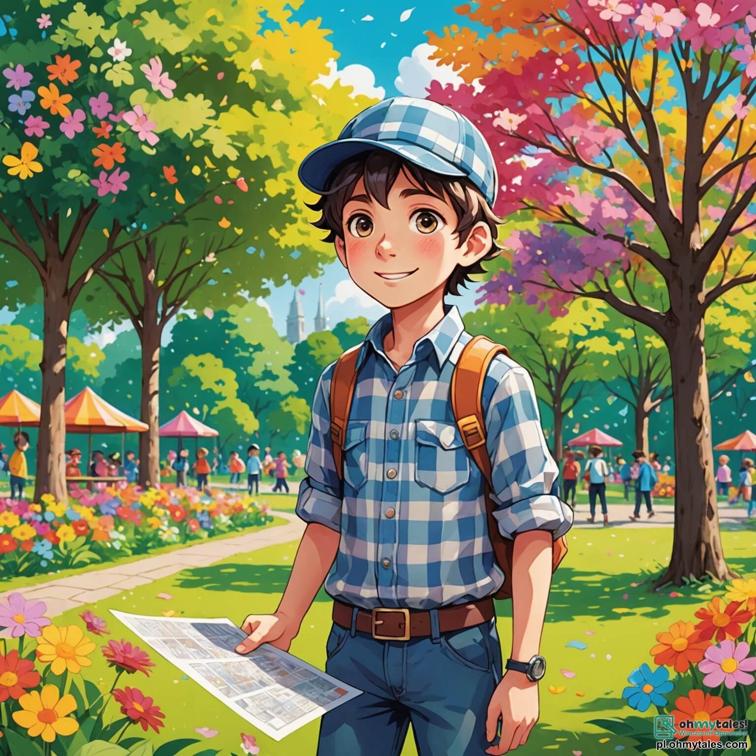 Une illustration destinée aux enfants représentant un garçon aux yeux pétillants de curiosité, vêtu d'une chemise à carreaux et d'un chapeau de détective en papier, se tenant au milieu d'un parc coloré où les fleurs éclatent de couleurs vives et les arbres dansent doucement sous la brise, tandis qu'il scrute attentivement une aire de jeux animée, où des rires d'enfants résonnent, et où il tente de résoudre le mystère de la disparition de jouets, entouré de ses fidèles amis, une fille à la chevelure dorée et aux couettes espiègles, toujours prête à l'aider, et un garçon au sourire malicieux, qui adore creuser dans le sable pour dénicher des trésors cachés, tous trois plongés dans une aventure palpitante au cœur de ce lieu enchanteur.