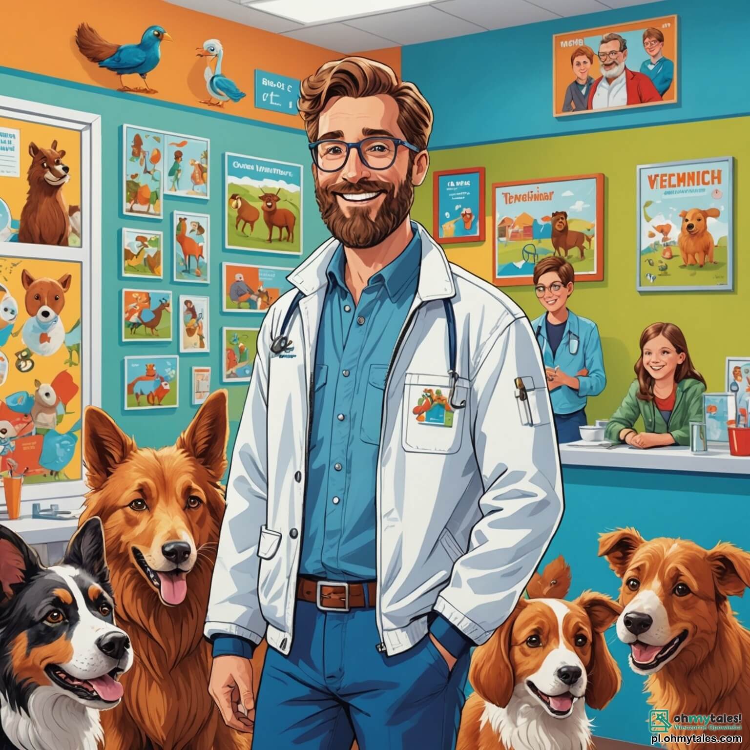 Une illustration destinée aux enfants représentant un homme au sourire chaleureux, vêtu d'un blouson blanc éclatant, avec une barbe soignée et des lunettes rondes, se tenant dans une clinique vétérinaire lumineuse et colorée, où les murs sont ornés de dessins d'animaux joyeux et de posters éducatifs, entouré de deux enfants, une fille aux cheveux châtains et aux yeux pétillants d'enthousiasme, et un garçon aux cheveux blonds et aux joues roses, tous deux captivés par la magie de la médecine animale alors qu'ils assistent à des soins prodigués à un petit chien aux yeux brillants, dans une ambiance chaleureuse remplie de doux aboiements et de rires d'enfants, où chaque coin de la pièce respire l'amour et la passion pour les animaux.