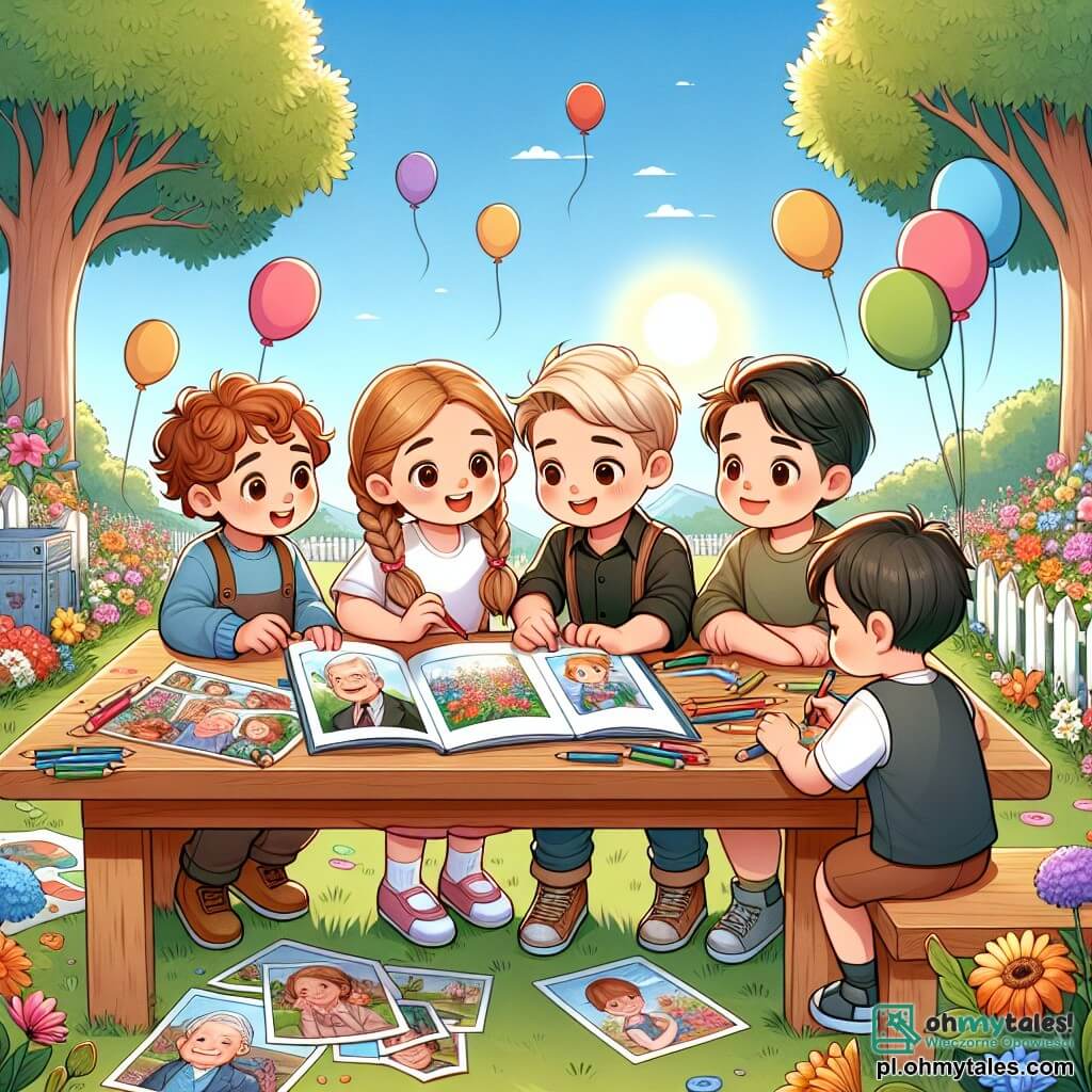 Ilustracja przedstawiająca słoneczny park, wypełniony kolorowymi kwiatami i majestatycznymi drzewami. W centrum grupa czterech dzieci stoi wokół dużego drewnianego stołu, pokrytego zdjęciami i rysunkami. Dwóch chłopców, jeden z brązowymi, kręconymi włosami, w wieku około 10 lat, a drugi z blond, gładkimi włosami, w wieku 9 lat, uważnie przegląda album wypełniony wspomnieniami. Obok nich dziewczynka z kasztanowymi, warkoczami, w wieku 10 lat, uśmiecha się, pokazując zdjęcie swojego dziadka, podczas gdy inny chłopiec z czarnymi, krótkimi włosami, w wieku 9 lat, rysuje kredkami. Atmosfera jest łagodna i ciepła, wypełniona śmiechem i radosnymi wspomnieniami. Kolorowe balony unoszą się na niebieskim niebie, symbolizując szczęśliwe wspomnienia i magię dzieciństwa.