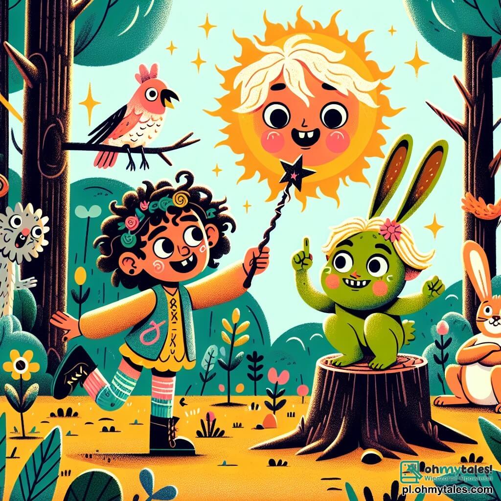 Une illustration sous forme de dessin destinée aux enfants représentant une scène colorée et enjouée dans une forêt enchantée, où une fille de 11 ans aux cheveux bouclés couleur soleil, vêtue d'une robe colorée, tente de maîtriser sa magie en brandissant une vieille et capricieuse baguette, tandis qu'un petit stworek vert avec de grands yeux ronds, aux oreilles pointues, l'encourage en sautillant à ses côtés, et un lapin parlant aux grandes oreilles, assis sur une souche, les observe en souriant, alors qu'une patte de poulet géante flotte au-dessus d'eux, ajoutant une touche d'humour à cette situation magique et chaotique.