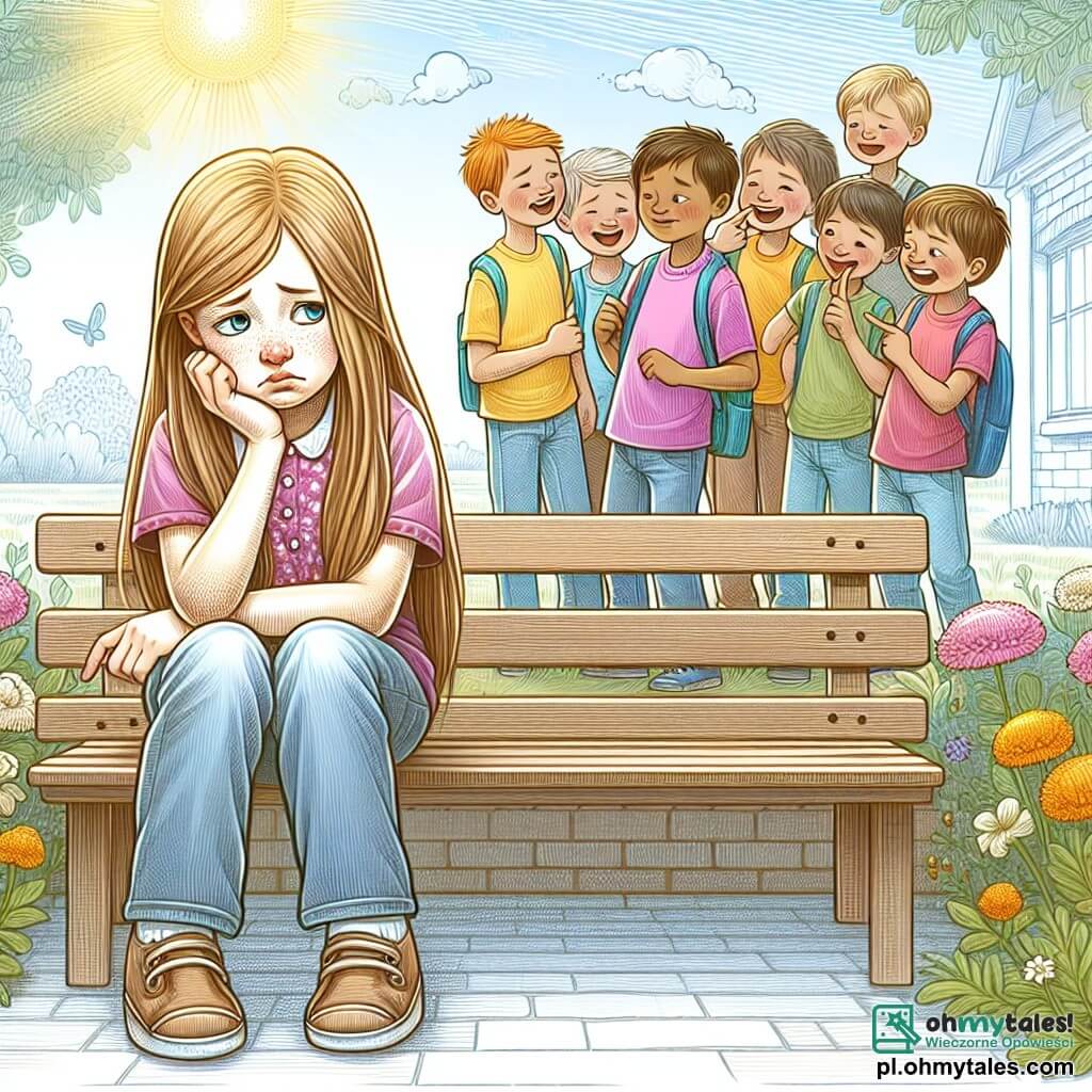 Une illustration sous forme de dessin destinée aux enfants représentant une cour d'école ensoleillée, avec une fille de 9 ans aux longs cheveux dorés et aux yeux bleu clair, assise sur un banc, l'air triste et pensif, tandis qu'un groupe de garçons aux t-shirts colorés et aux sourires moqueurs se tient à l'écart, chuchotant et se regardant, illustrant ainsi la situation de harcèlement scolaire, avec des fleurs et des arbres en arrière-plan pour adoucir l'ambiance.