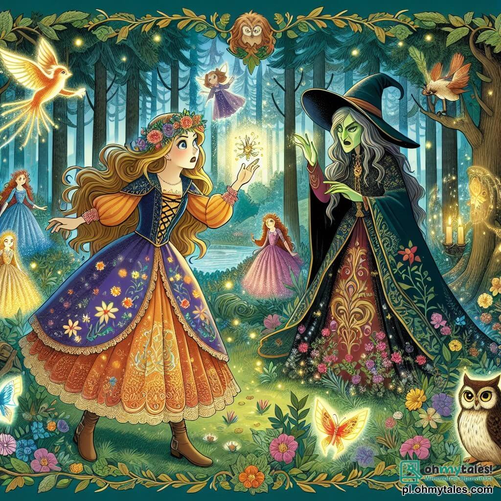Une illustration sous forme de dessin destinée aux enfants représentant une clairière enchantée au cœur d'une forêt magique, où une jeune femme aux cheveux longs et dorés, vêtue d'une robe colorée ornée de fleurs, se tient courageusement face à une sorcière maléfique aux yeux brillants et à la cape noire, tandis qu'autour d'elles, des créatures fantastiques comme des petites fées lumineuses et des sages hiboux observent la scène, illustrant le moment où la jeune femme utilise un mystérieux clé magique pour contrer les sombres intentions de la sorcière.