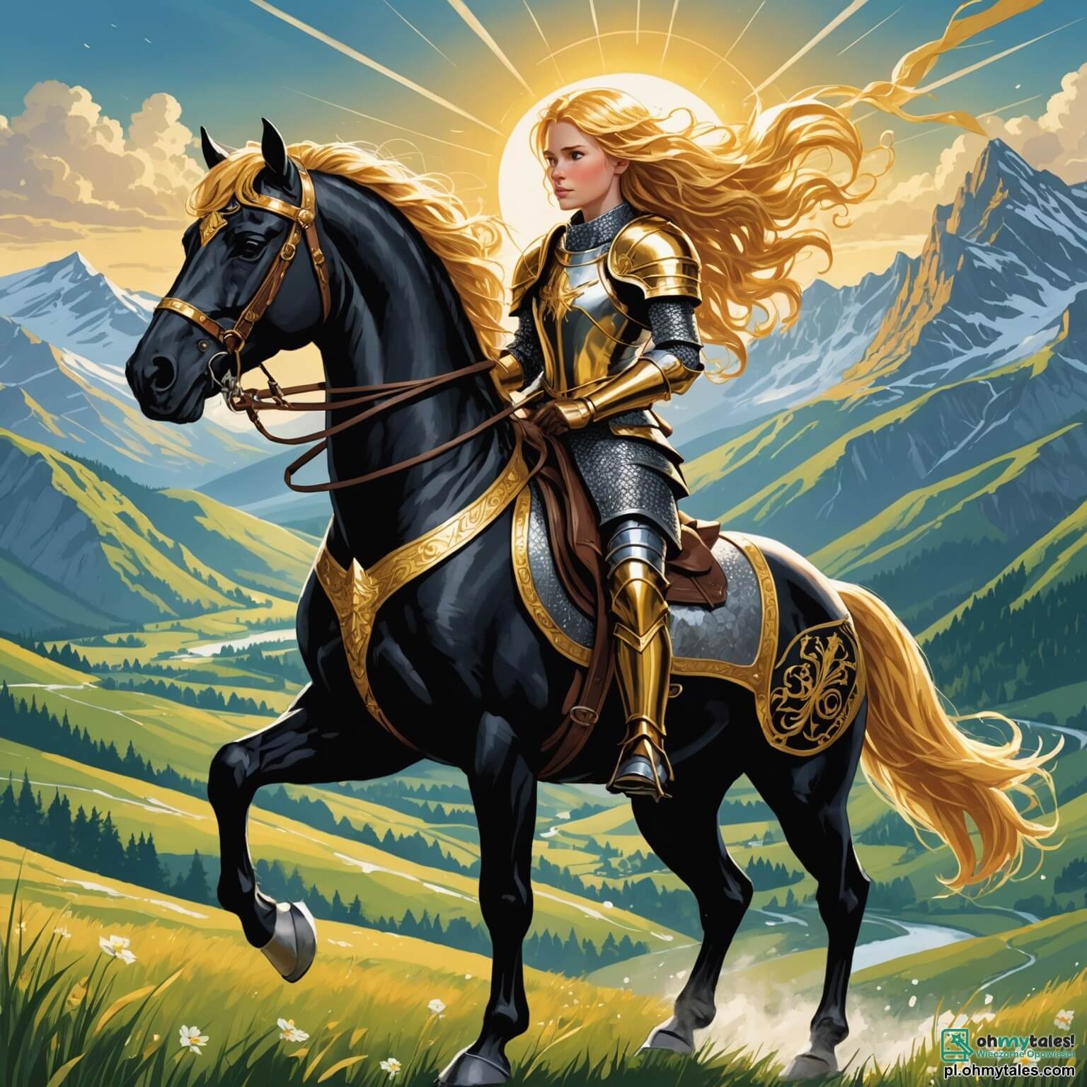 Une illustration destinée aux enfants représentant une courageuse chevaleresse, vêtue d'une brillante armure étincelante qui reflète les rayons du soleil, avec des cheveux dorés flottant au vent, se tenant fièrement sur un cheval noir aux sabots puissants, prête à défendre son royaume contre une sombre menace qui plane sur la paisible vallée entourée de majestueuses montagnes aux cimes enneigées, où des forêts verdoyantes s'étendent à perte de vue, tandis qu'un sage faune aux yeux pétillants de malice et un groupe de villageois, tous des garçons et des filles au regard admiratif, l'accompagnent dans sa quête pour retrouver un ancien artefact magique caché dans les profondeurs d'une mystérieuse grotte, où des ombres inquiétantes dansent sur les murs, créant une atmosphère à la fois magique et menaçante.