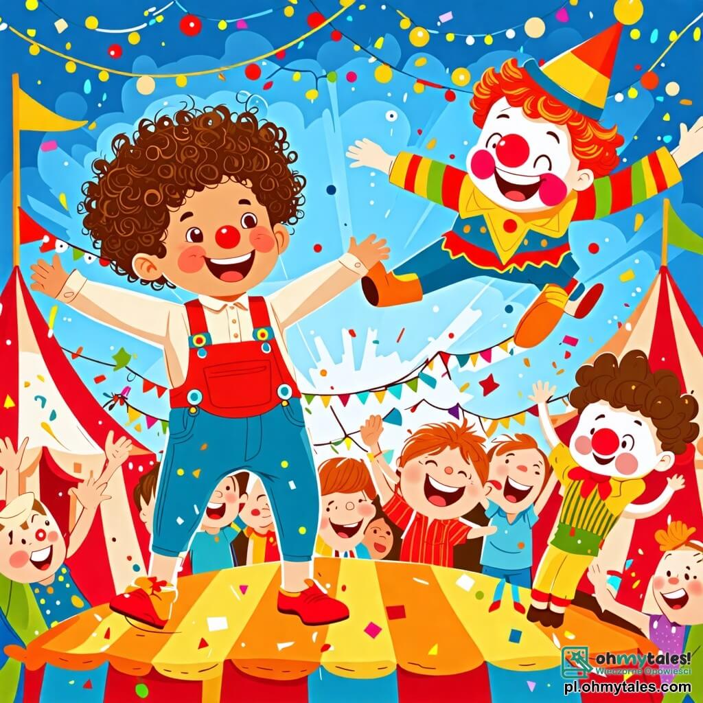 Une illustration sous forme de dessin destinée aux enfants représentant un cirque coloré avec des lumières scintillantes et des tentes rayées, où un petit garçon de 2 ans aux cheveux bouclés et aux yeux pétillants, vêtu d'une salopette rouge, s'envole joyeusement dans les airs après avoir été tiré d'une grande arme à feu par un clown jovial, avec un nez rouge et un costume multicolore, tandis qu'une foule émerveillée applaudit et rit autour d'eux, créant une ambiance festive et magique.