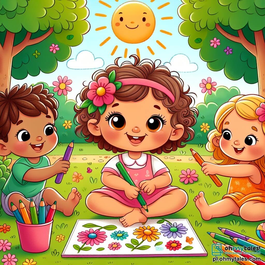 Une illustration sous forme de dessin destinée aux enfants représentant un parc ensoleillé avec des arbres verdoyants et des fleurs colorées, où une petite fille de 1 an aux cheveux bouclés et aux yeux pétillants, assise sur l'herbe, dessine des fleurs avec des crayons multicolores, tandis que deux amis, un garçon aux cheveux bruns et une fille aux cheveux blonds, jouent à la balle à proximité, le tout baigné dans une atmosphère joyeuse et estivale.