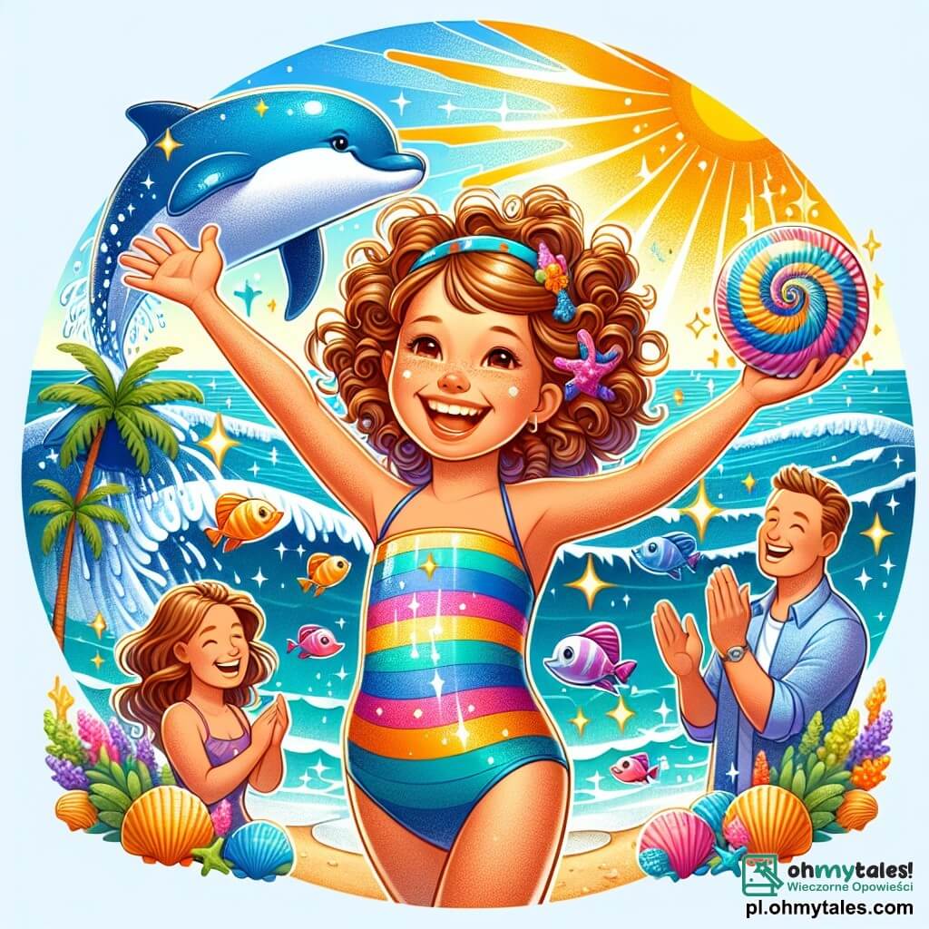 Une illustration sous forme de dessin destinée aux enfants représentant une plage ensoleillée avec des vagues scintillantes, où une fille de 11 ans aux cheveux châtains bouclés, portant un maillot de bain coloré et un grand sourire, tient une grande mushe en forme de spirale dans ses mains, entourée de petits poissons colorés et d'un delfin bleu joyeux qui saute hors de l'eau, tandis que ses parents, un homme et une femme souriants, se tiennent sur le sable, applaudissant et célébrant son anniversaire, créant une atmosphère joyeuse et magique.