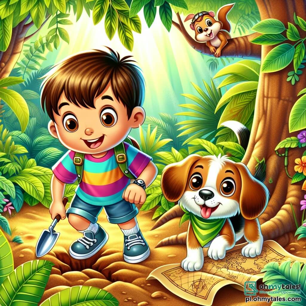 Une illustration sous forme de dessin destinée aux enfants représentant une dense d jungle tropicale, avec des feuillages luxuriants et des rayons de soleil filtrant à travers les arbres, où un jeune garçon aux cheveux bruns et aux yeux pétillants, vêtu d'un t-shirt coloré et d'un short, est en train de creuser avec enthousiasme dans le sol à côté d'une vieille carte, tandis qu'un petit chien beagle aux grandes oreilles, curieux et joyeux, l'observe avec impatience, et une maïzette espiègle aux poils dorés, perchée sur une branche, les regarde avec un sourire malicieux, alors qu'ils cherchent ensemble un trésor caché.