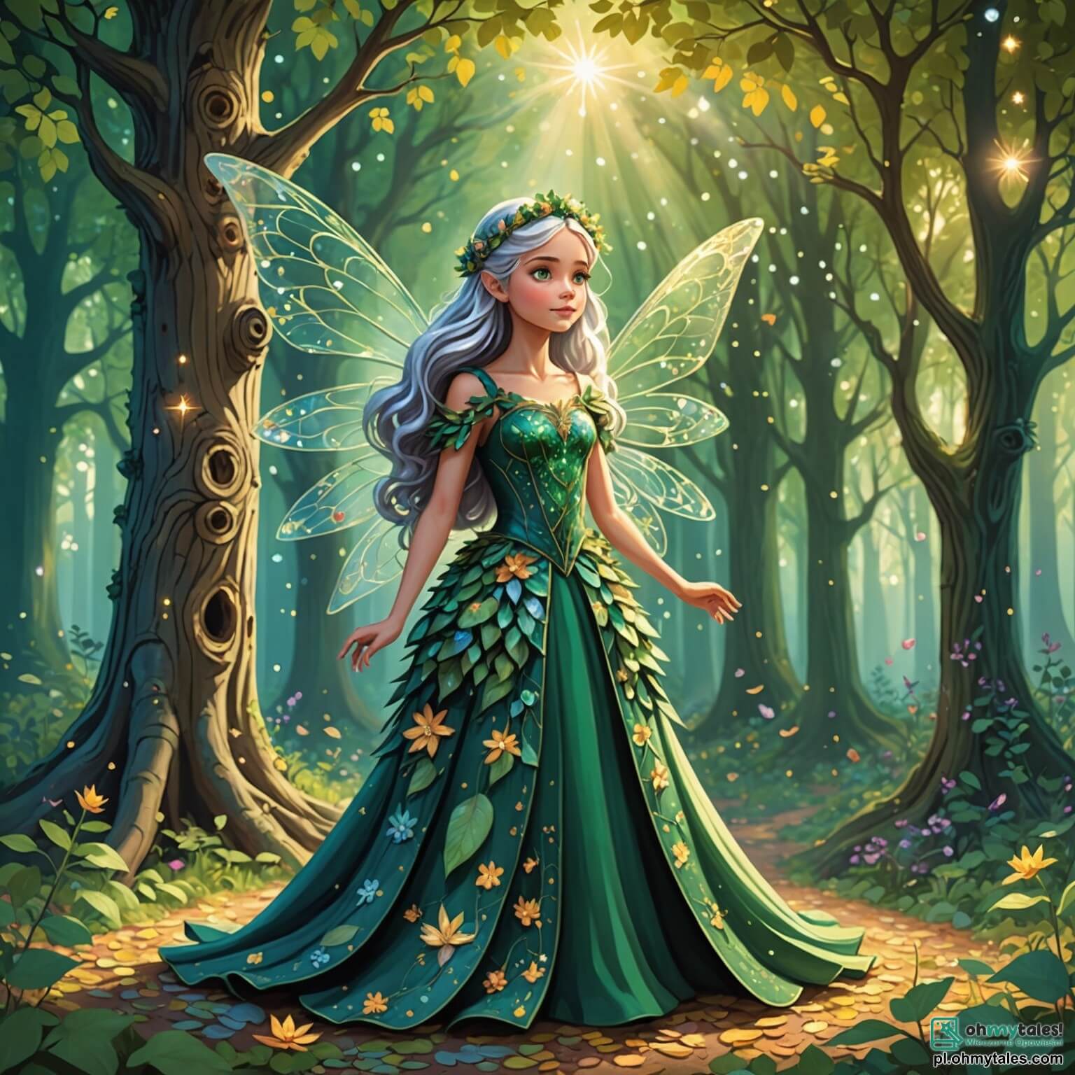 Une illustration destinée aux enfants représentant une elfe aux cheveux d'argent scintillants comme des étoiles, avec des yeux émeraude pétillants de curiosité, vêtue d'une robe faite de pétales de fleurs multicolores, se tenant au cœur d'une forêt enchantée où les arbres majestueux aux troncs noueux s'élèvent vers le ciel, leurs feuilles vibrantes dans des nuances de vert et d'or, tandis qu'un doux rayon de soleil filtre à travers le feuillage, illuminant une clairière magique où se rassemblent des créatures fantastiques comme un dragon aux écailles iridescentes et un petit lutin espiègle, tous deux amis de l'elfe, alors qu'ils s'apprêtent à partir ensemble à l'aventure pour retrouver un trésor caché, dissimulé au-delà des collines ondulantes et des rivières scintillantes qui serpentent à travers ce royaume féerique.