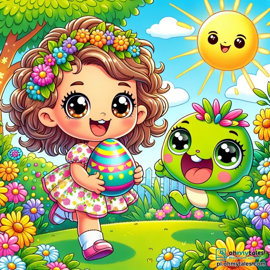 Une illustration sous forme de dessin destinée aux enfants représentant un jardin coloré et ensoleillé, rempli de fleurs éclatantes et de buissons verdoyants, où une petite fille de 5 ans aux cheveux bouclés et aux yeux pétillants, vêtue d'une robe à fleurs, court joyeusement en tenant un œuf de Pâques décoré dans ses mains, tandis qu'à ses côtés, un petit personnage vert aux grands yeux ronds, ressemblant à une petite créature magique, saute de joie en l'encourageant, le tout capturant l'excitation d'une chasse aux œufs de Pâques pleine de magie et d'amitié.