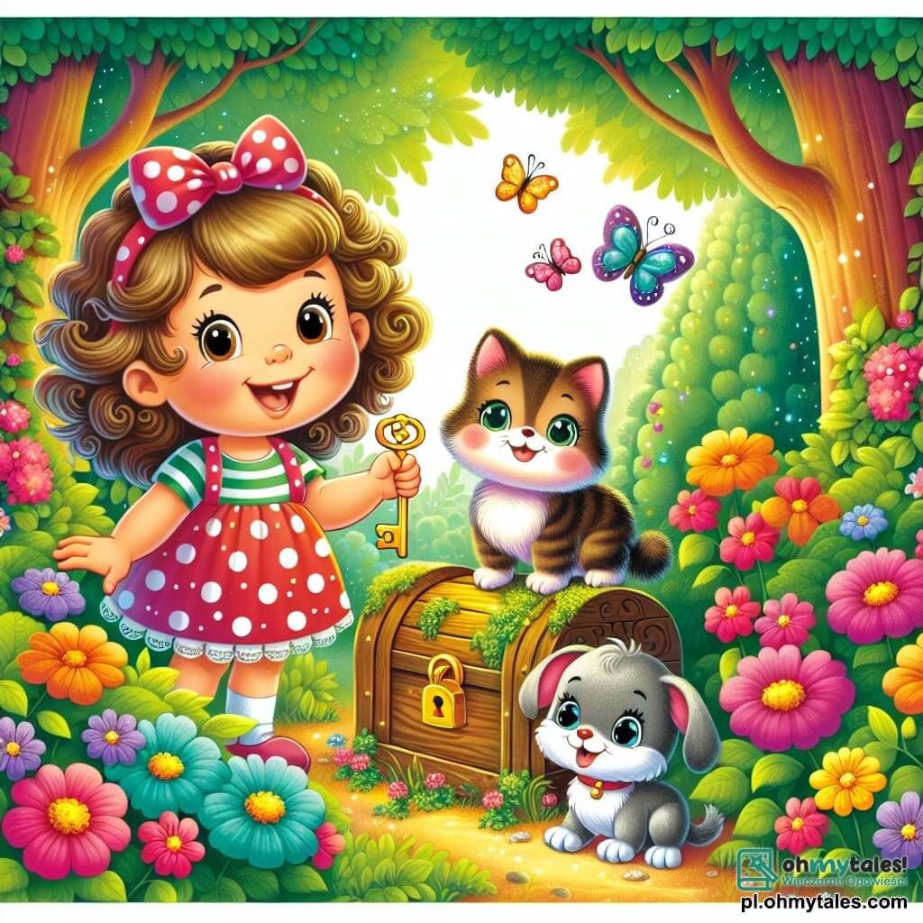 Une illustration sous forme de dessin destinée aux enfants représentant un jardin secret luxuriant, rempli de fleurs colorées et de grands arbres, où une petite fille de 3 ans aux cheveux bouclés et au sourire éclatant, vêtue d'une robe à pois, tient un petit clé dorée dans sa main, tandis qu'un chaton gris aux yeux pétillants et un chiot marron aux grandes oreilles l'observent avec curiosité, alors qu'ils découvrent ensemble une vieille boîte en bois couverte de mousse, symbole de leur aventure magique et de leur amitié.