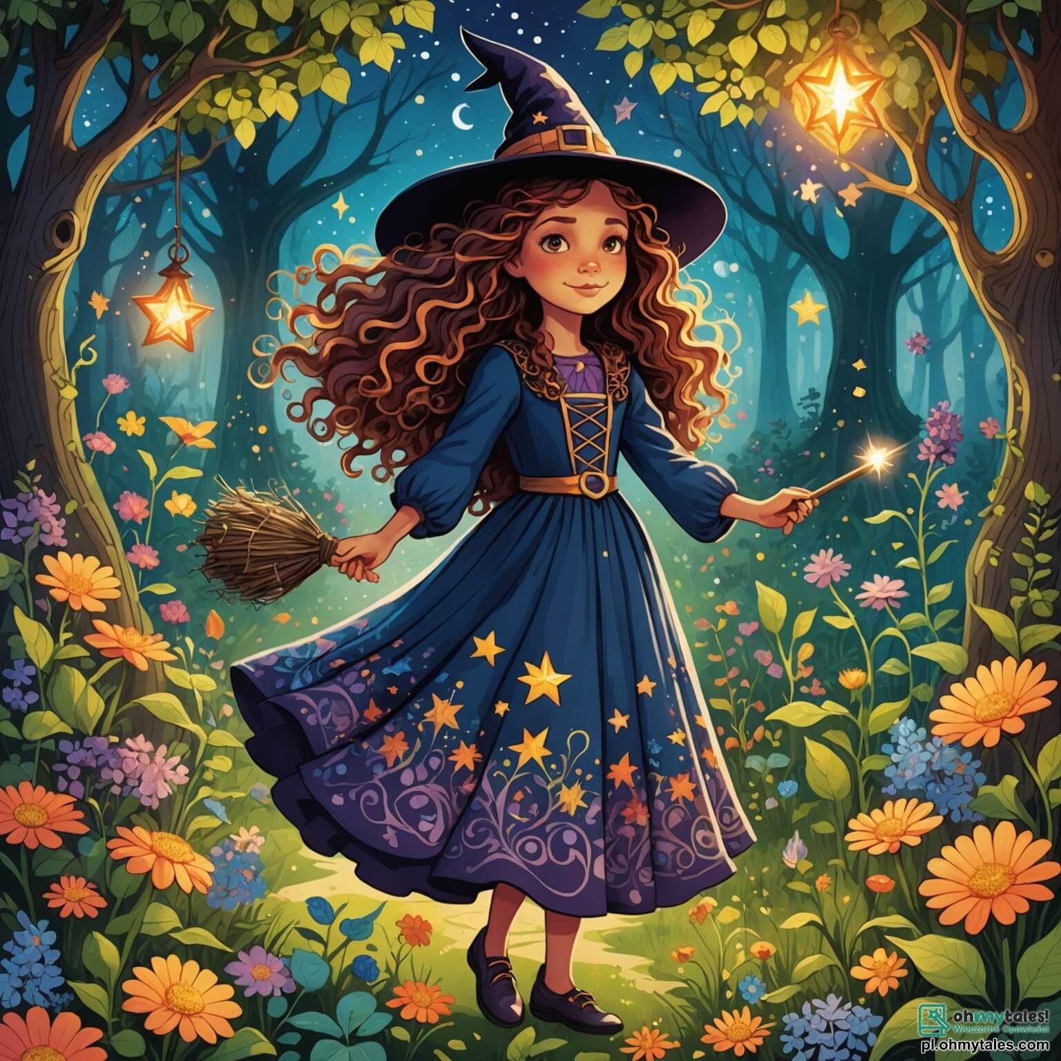 Une illustration destinée aux enfants représentant une apprentie sorcière aux longs cheveux bouclés, vêtue d'une robe colorée ornée de motifs étoilés, se tenant au milieu d'un jardin enchanté rempli de fleurs lumineuses et de plantes dansantes, tandis qu'un petit stvorek aux ailes scintillantes l'accompagne, tous deux prêts à découvrir les secrets magiques d'un monde mystérieux et féerique.