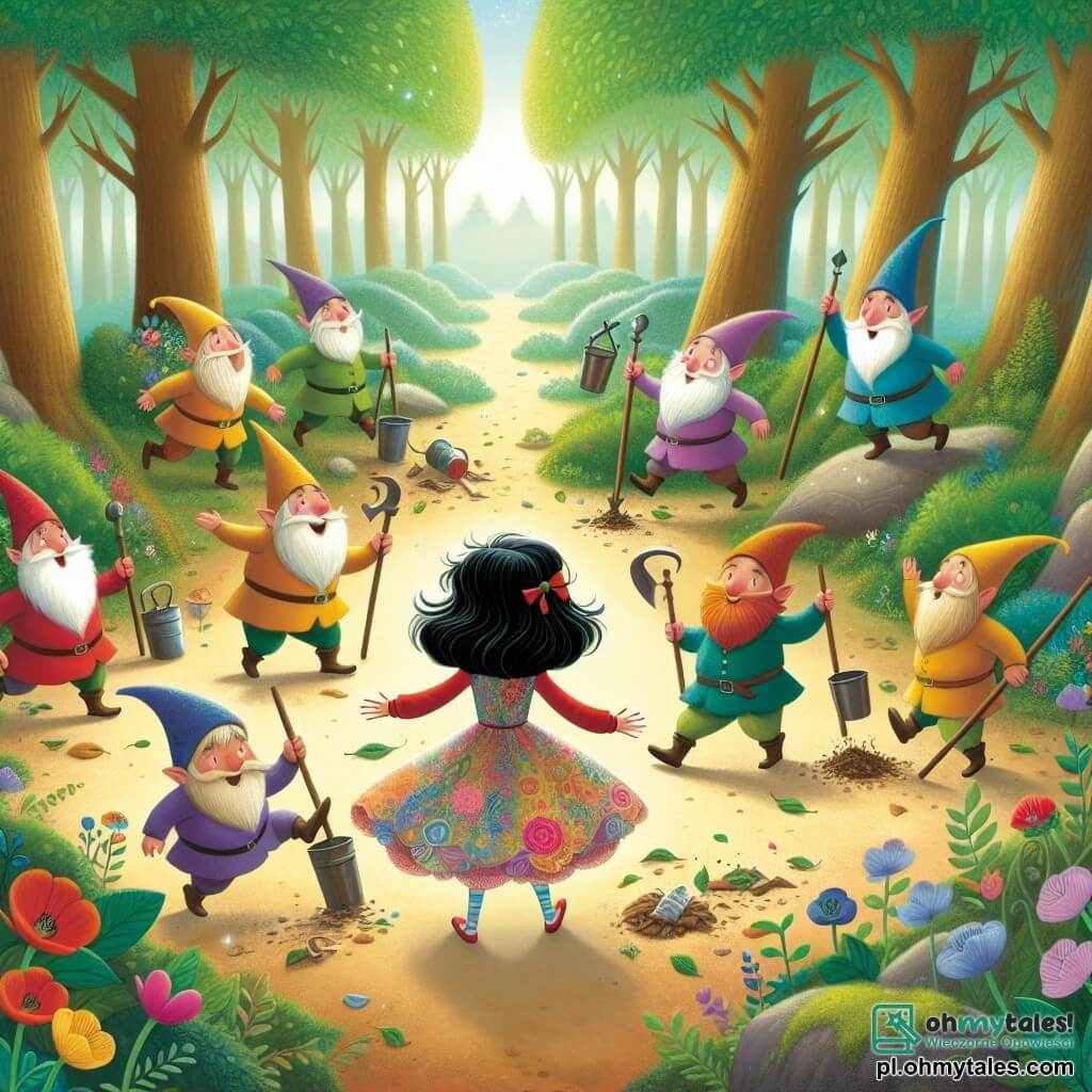 Une illustration sous forme de dessin destinée aux enfants représentant une clairière enchantée au cœur d'un forêt magique, où une jeune fille aux cheveux noirs comme l'ébène et à la peau blanche comme la neige, vêtue d'une robe colorée, se tient au centre, souriante et entourée de sept petits hommes aux barbes colorées et aux chapeaux pointus, qui dansent joyeusement tout en ramassant des déchets et en plantant des fleurs, illustrant leur mission collective pour sauver leur habitat naturel et redonner vie à la forêt.
