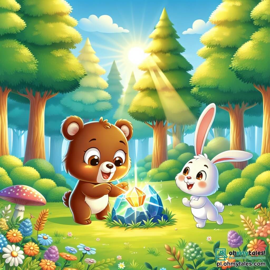 Une illustration sous forme de dessin destinée aux enfants représentant une magnifique clairière ensoleillée, entourée de grands arbres aux feuilles vertes éclatantes, où une petite ourse aux poils bruns et doux, avec de grands yeux curieux, explore joyeusement un éclatant kamyk magique qui brille à ses pieds, tandis qu'un joyeux lapin aux grandes oreilles et au pelage blanc s'approche d'eux avec un sourire, tous deux émerveillés par les merveilles de la nature et la promesse d'aventures à venir.
