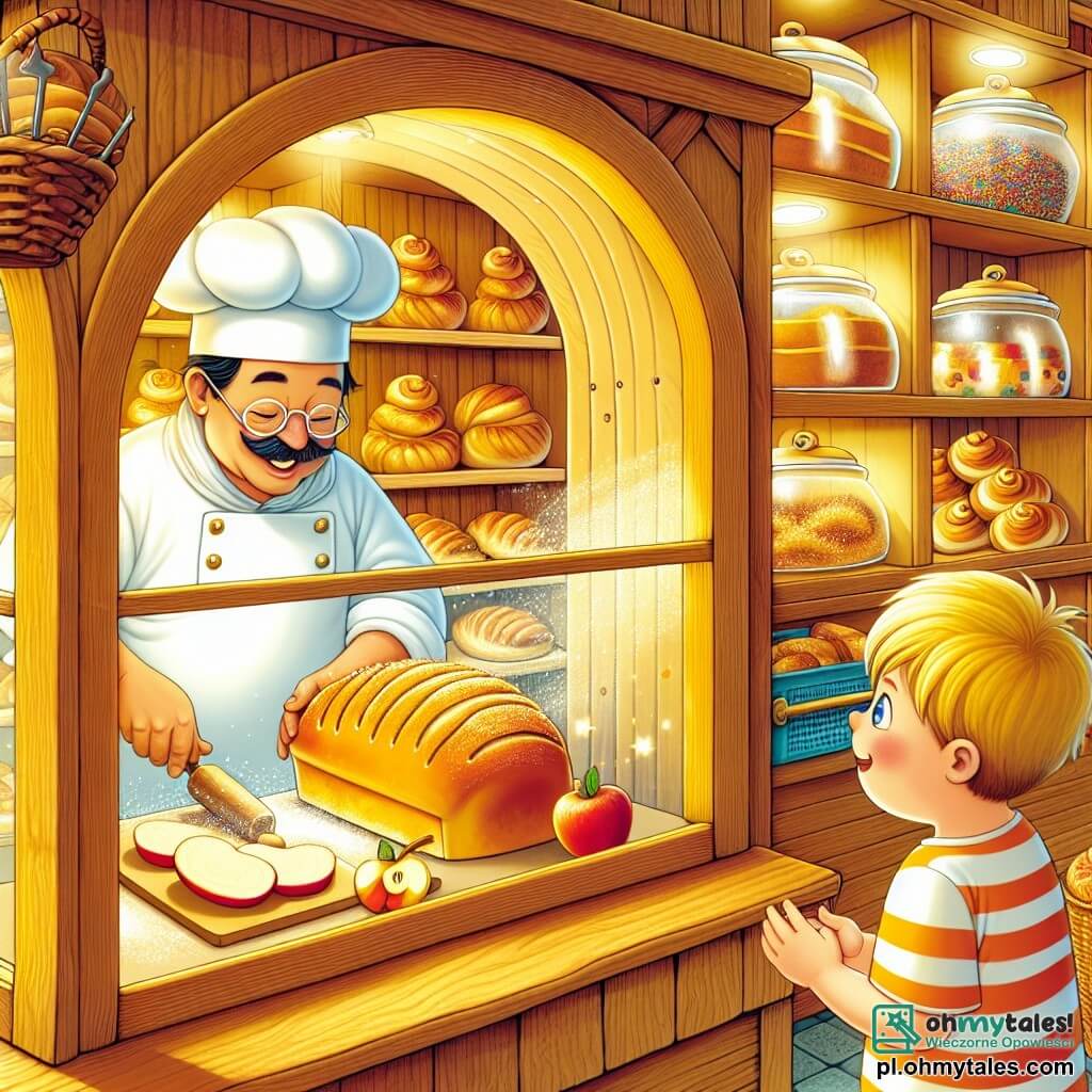 Une illustration sous forme de dessin destinée aux enfants représentant une charmante boulangerie en bois avec une vitrine remplie de pains dorés et de pâtisseries colorées, où un homme joyeux, portant une toque blanche et un tablier, pétrit de la pâte avec enthousiasme, tandis qu'un garçon aux cheveux blonds, vêtu d'un t-shirt rayé, l'observe avec émerveillement et l'aide à couper des pommes pour une recette de pain aux pommes et à la cannelle, le tout baigné dans une lumière douce et chaleureuse qui évoque la magie de la pâtisserie.