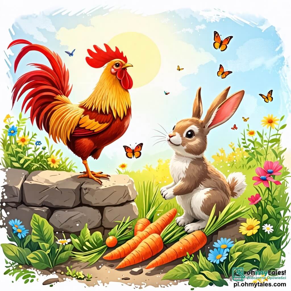 Une illustration sous forme de dessin destinée aux enfants représentant un charmant jardin ensoleillé, avec un coq aux plumes rouges éclatantes et au gracieusement courbé, chantant joyeusement sur un muret en pierre, tandis qu'un petit lapin aux grandes oreilles et au pelage doux, aux yeux pétillants de curiosité, saute joyeusement autour de lui, les deux amis partageant un moment de bonheur en découvrant un champ de délicieuses carottes qui poussent dans la terre fertile, entourés de fleurs colorées et de papillons virevoltant dans l'air.