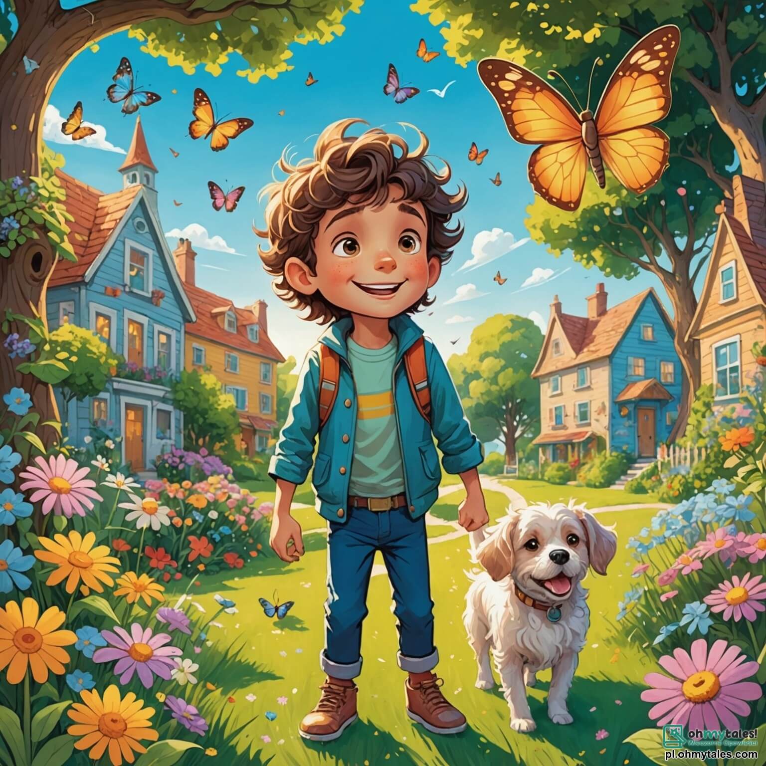 Une illustration destinée aux enfants représentant un garçon aux yeux pétillants d'émerveillement, aux cheveux ébouriffés comme des rayons de soleil, se tenant dans un jardin verdoyant rempli de fleurs colorées et de papillons dansants, alors qu'il découvre un vaisseau spatial scintillant, tout en étant accompagné de son fidèle chien aux grandes oreilles, qui remue la queue avec excitation, dans une petite ville paisible où les maisons aux façades pastel sont entourées d'arbres majestueux et où le ciel est d'un bleu éclatant, tandis qu'il s'apprête à rencontrer des extraterrestres aux formes étranges et aux couleurs vives, qui viennent d'une planète lointaine, apportant avec eux des promesses d'aventures intergalactiques et de nouvelles amitiés.