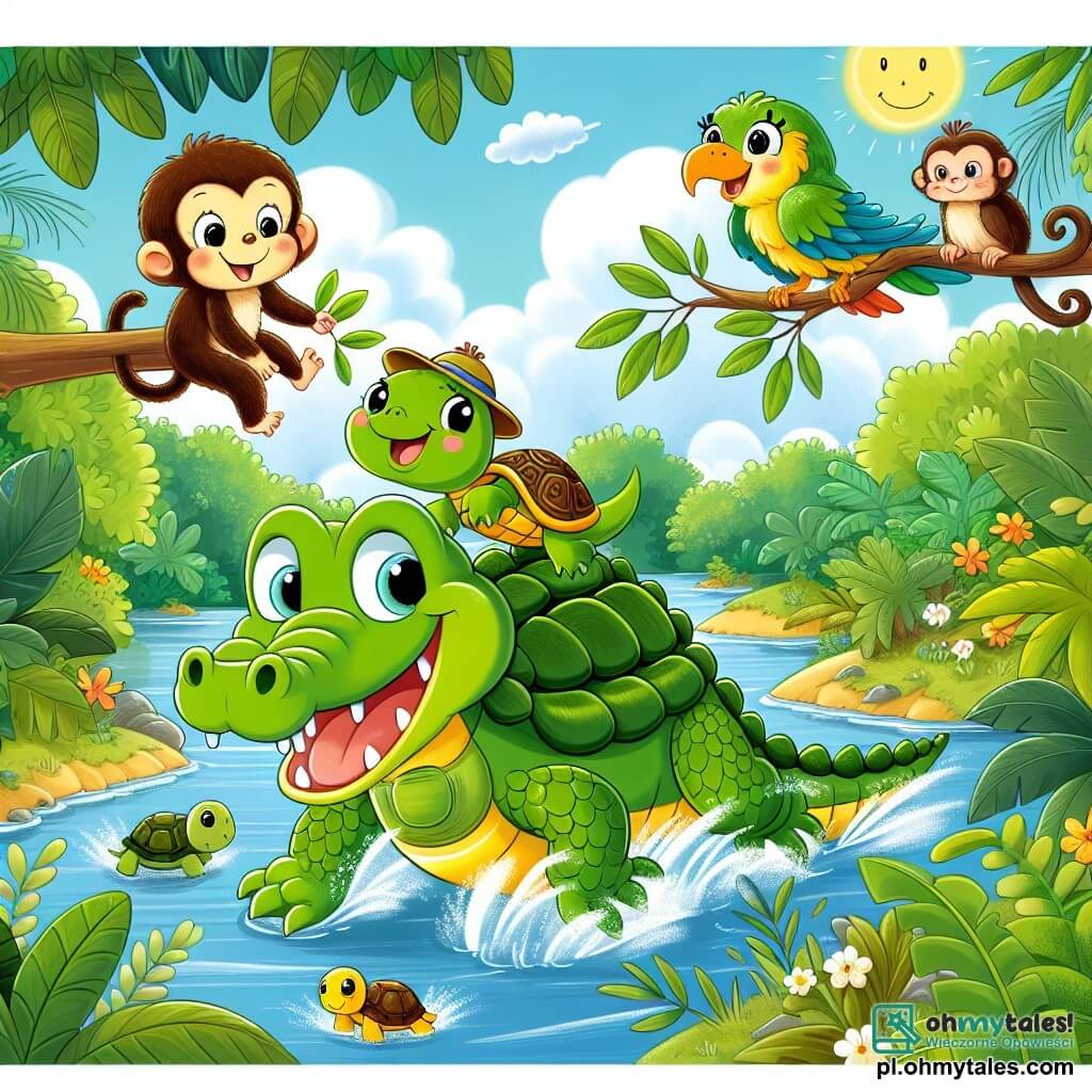 Une illustration sous forme de dessin destinée aux enfants représentant une scène colorée dans une jungle luxuriante, avec un crocodile vert aux écailles brillantes et un grand sourire, portant une petite casquette, qui traverse joyeusement un ruisseau en portant un petit tortue jaune sur son dos, tandis qu'une maïpka espiègle aux poils bruns et aux yeux pétillants saute de branche en branche, le tout sous un ciel bleu parsemé de nuages blancs, illustrant l'esprit d'aventure et d'amitié de leur quête pour rencontrer la plus belle des perroquets.