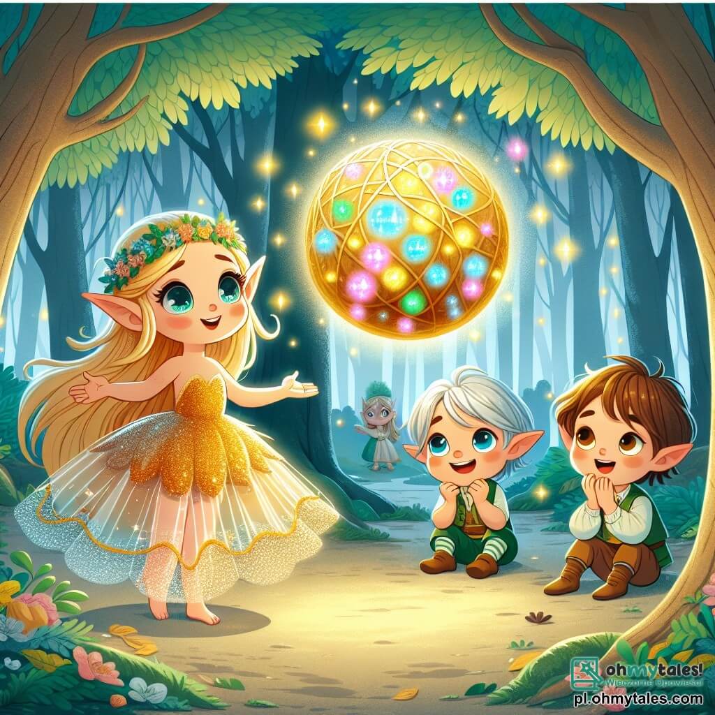 Une illustration sous forme de dessin destinée aux enfants représentant une clairière enchantée au cœur d'une forêt magique, où une petite elfe aux cheveux dorés et aux grandes oreilles pointues, vêtue d'une robe scintillante, se tient émerveillée devant une grande boule dorée qui émet des lumières colorées, tandis qu'à ses côtés, un petit elfe aux cheveux argentés, avec des yeux pétillants, sourit joyeusement, et un petit elfe aux cheveux bruns, assis par terre, exprime sa tristesse en cherchant sa jouet perdu, le tout baigné dans une douce lumière filtrée par les feuilles des arbres.