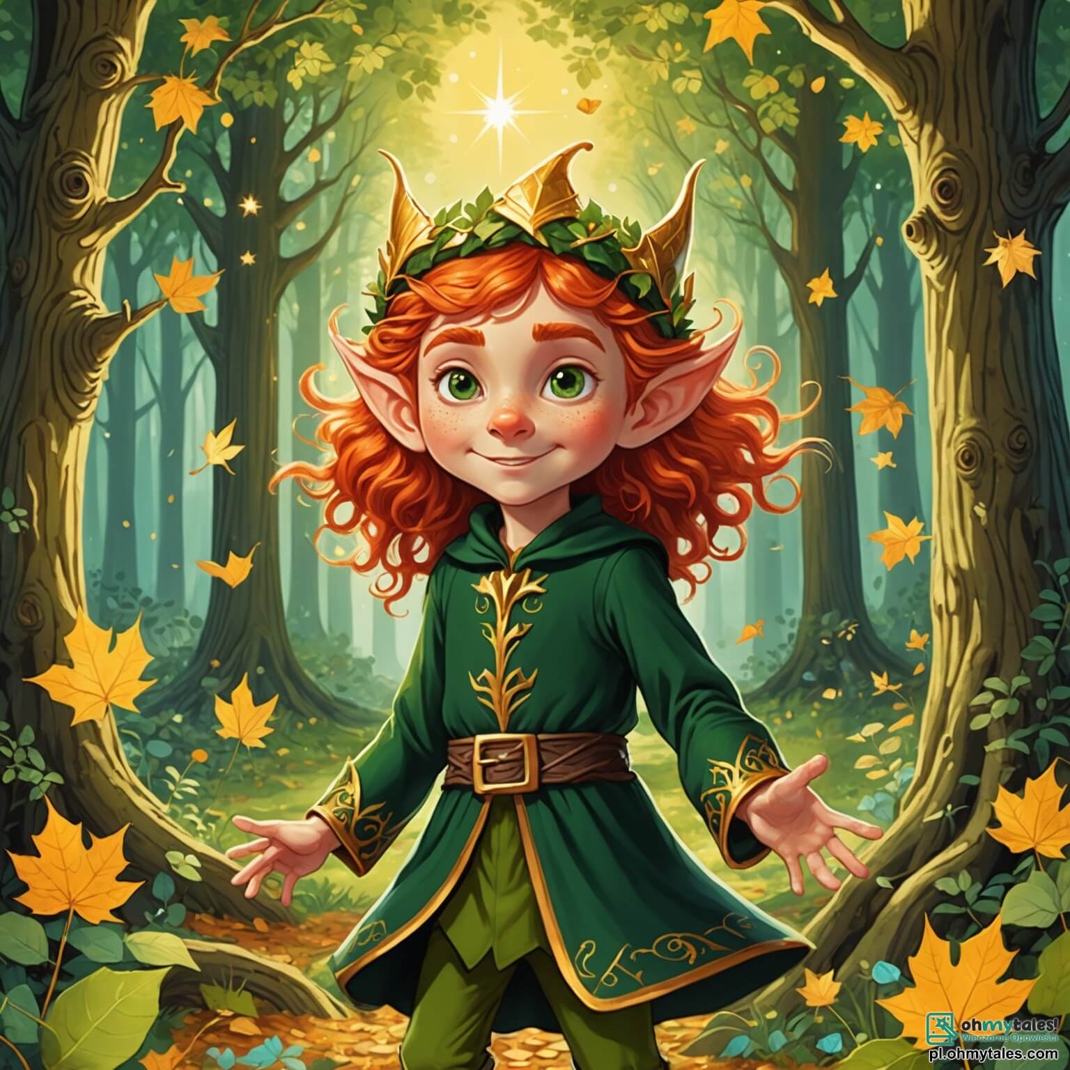 Une illustration destinée aux enfants représentant un lutin espiègle aux cheveux flamboyants et aux yeux pétillants comme des étoiles, vêtu d'une tunique en velours vert ornée de feuilles dorées, se faufilant à travers une forêt enchantée où les arbres majestueux, aux troncs noueux et aux branches entrelacées, s'élèvent comme des géants bienveillants, tandis que des rayons de soleil dansent à travers le feuillage, illuminant des fleurs multicolores qui semblent chuchoter des secrets, et où, en quête d'un trésor magique, il croise une petite fée lumineuse aux ailes scintillantes, aussi délicates que des pétales de rose, qui l'accompagne dans cette aventure palpitante, tout en évitant les ombres mystérieuses d'un dragon farceur qui rôde dans les parages, prêt à semer le trouble avec ses rires tonitruants.