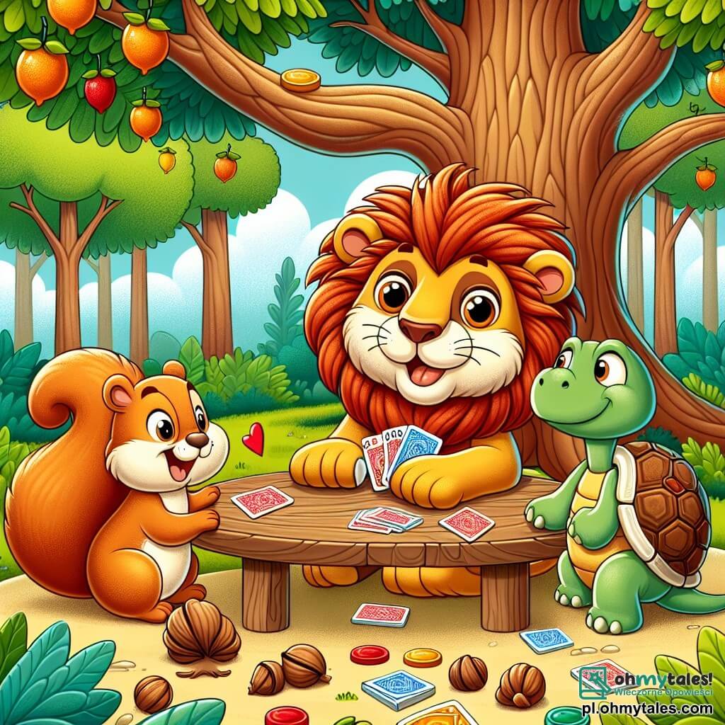 Une illustration sous forme de dessin destinée aux enfants représentant un magnifique et coloré paysage forestier, avec un lion au pelage doré et aux grands yeux pétillants, assis à une table en bois sous un grand arbre, en train de jouer aux cartes avec une petite écureuil aux poils roux et une tortue sage, tandis que des ordures de jeux en forme d'oranges et de noisettes sont éparpillées autour d'eux, créant une ambiance joyeuse et amicale, pleine de rires et de camaraderie.