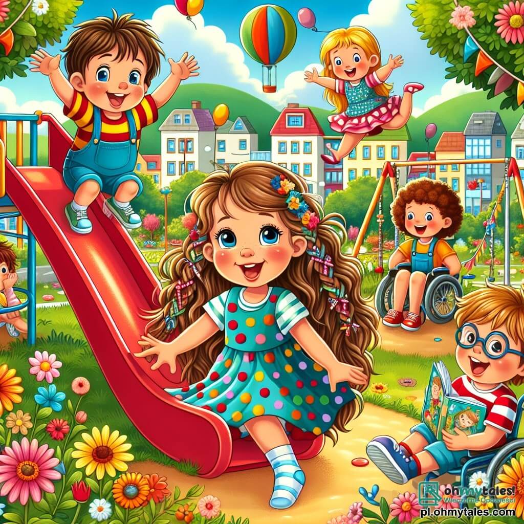 Ilustracja przedstawiająca radosny park w małym miasteczku, wypełniony żywymi kolorami i kwitnącymi kwiatami. W centrum znajduje się duża czerwona zjeżdżalnia i drewniana huśtawka, otoczone bujnymi zielonymi drzewami i niebieskim niebem usianym puszystymi białymi chmurami. W tej scenie dziewczynka w wieku około 6 lat z długimi falowanymi brązowymi włosami w warkoczu nosi kolorową sukienkę w groszki i uśmiecha się, bawiąc się. Obok niej siedzi 7-letni chłopiec z rozczochranymi blond włosami na wózku inwalidzkim, radośnie się śmiejąc. Inna dziewczynka, mająca 5 lat, z kręconymi włosami i pełna energii, nosi koszulkę w paski i skacze z radości. Na koniec 6-letni chłopiec w okularach z ciekawym spojrzeniem klęczy, trzymając książkę z ilustracjami. Główna sytuacja pokazuje dzieci bawiące się razem, a chłopiec na wózku inwalidzkim z radością zjeżdża ze zjeżdżalni, podczas gdy inni go zachęcają i śmieją się. Kolorowe balony unoszą się w powietrzu, a duży baner w tle głosi "Każdy przyjaciel jest wyjątkowy!" kolorowymi literami. Całość emanuje atmosferą koleżeństwa, radości i akceptacji.