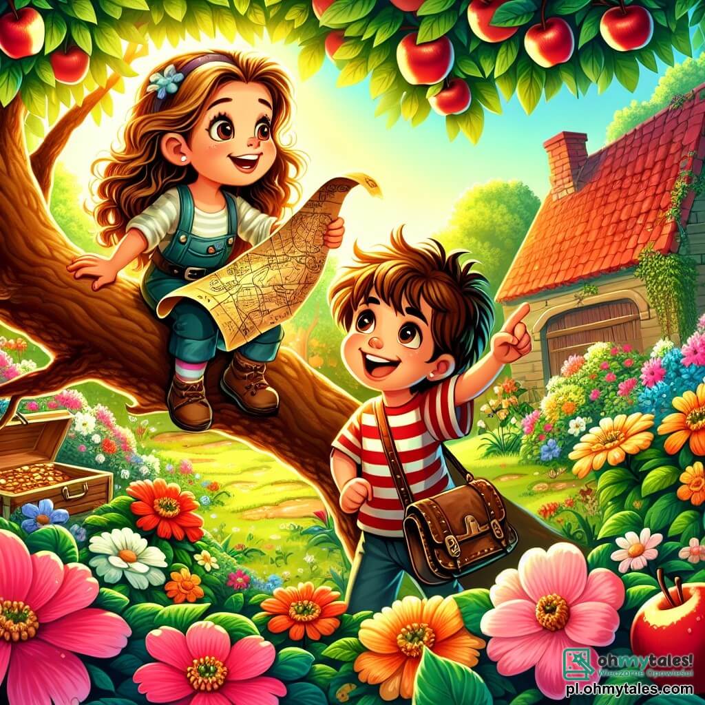Une illustration sous forme de dessin destinée aux enfants représentant un jardin ensoleillé rempli de fleurs colorées et d'arbres verdoyants, où une petite fille de 5 ans aux longs cheveux bouclés et au sourire éclatant, tenant une vieille carte au trésor, se tient debout sur une grande branche d'une pomme, tandis qu'un garçon de son âge, avec des cheveux bruns en bataille et un t-shirt rayé, l'encourage avec enthousiasme à chercher un coffre au trésor caché sous un vieux garage en arrière-plan, illustrant ainsi leur aventure pleine de curiosité et d'amitié.