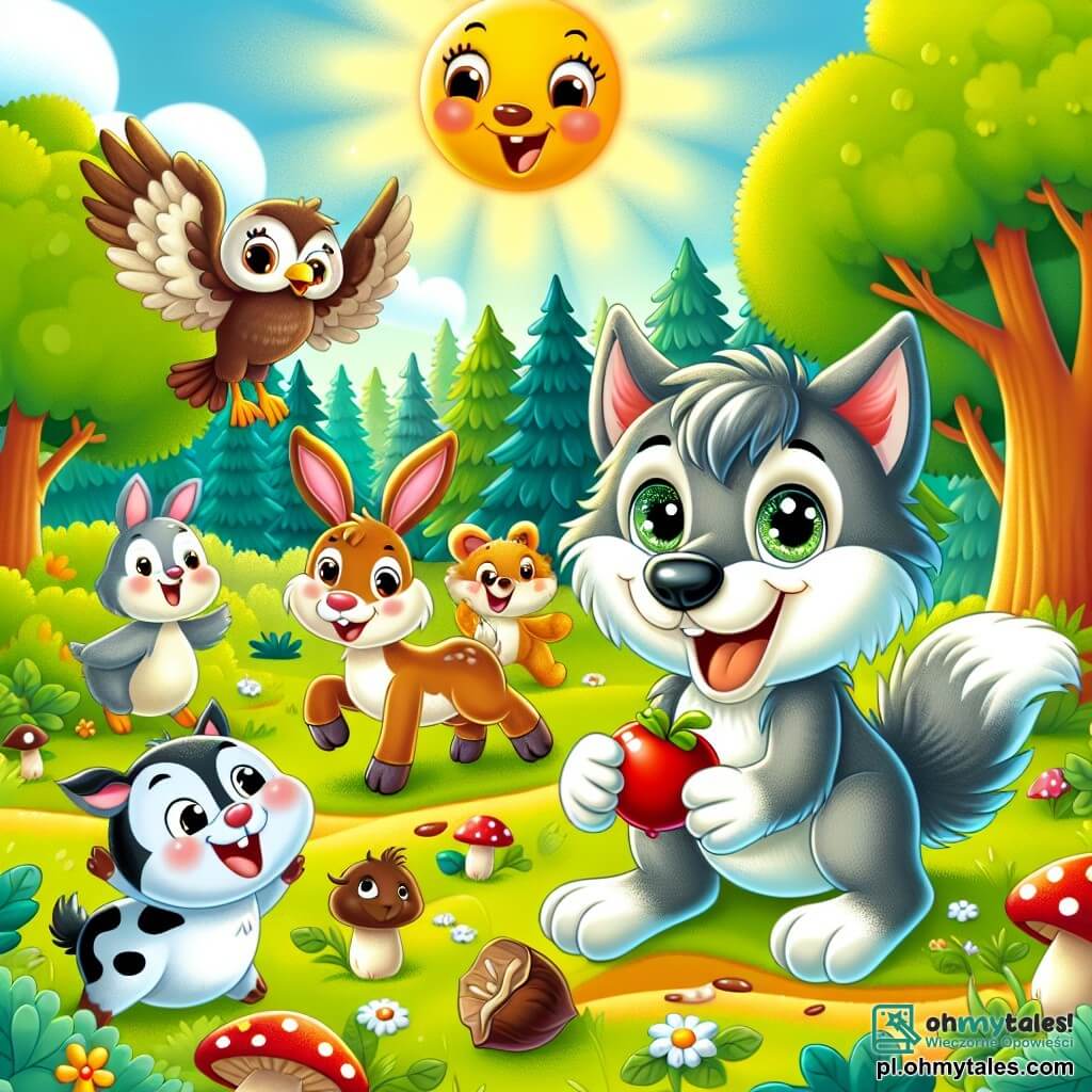 Une illustration sous forme de dessin destinée aux enfants représentant une clairière ensoleillée dans une forêt colorée, où un loup aux yeux pétillants et à la fourrure grise, portant une châtaigne rouge, se tient joyeusement en train de rire, entouré d'un groupe d'animaux : un petit lapin aux grandes oreilles qui saute de joie, une vachette espiègle avec des taches blanches et noires qui fait des grimaces, et une sage chouette perchée sur une branche, tous célébrant ensemble leur amitié après une journée pleine d'aventures et de rires.