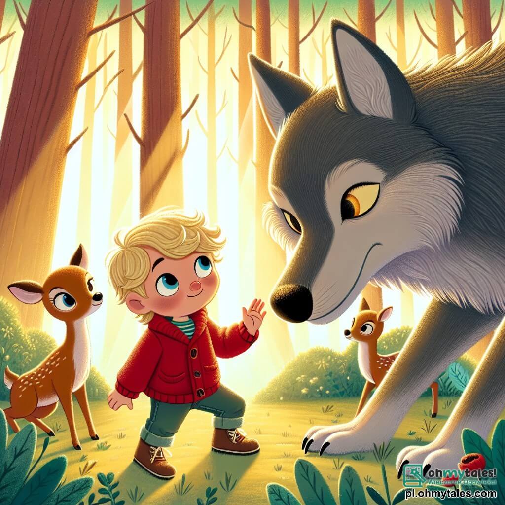 Une illustration sous forme de dessin destinée aux enfants représentant une scène magique dans une forêt ensoleillée, où un garçon de 3 ans aux cheveux blonds et aux yeux pétillants, portant un sweter rouge, tend la main avec un sourire courageux vers un grand méchant loup au pelage gris, qui, bien que menaçant, semble intrigué et hésitant, tandis qu'une petite biche aux yeux doux, piégée dans des buissons, regarde la scène avec espoir, le tout baigné dans une lumière dorée filtrant à travers les arbres, symbolisant l'amitié et le courage face à la peur.