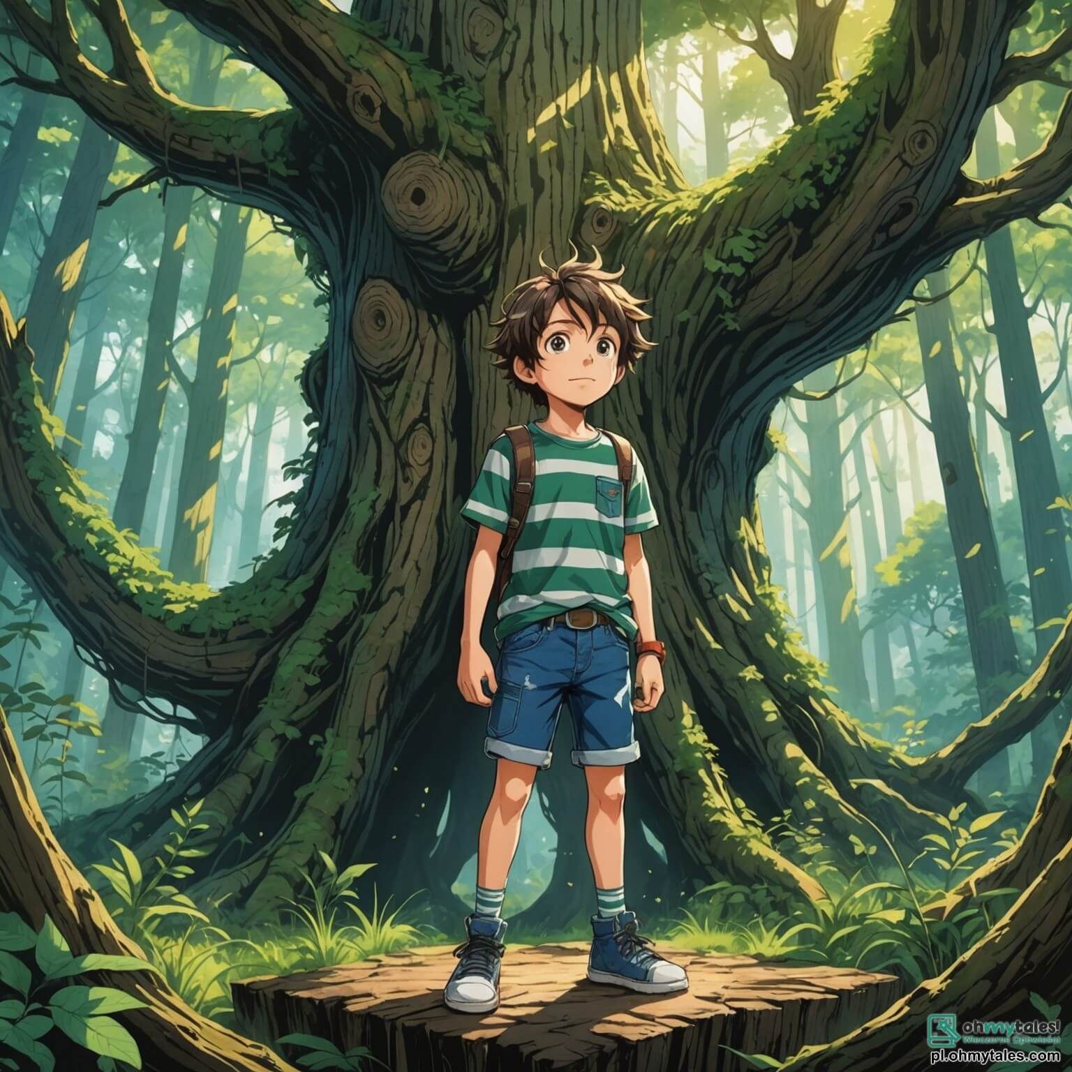 Une illustration destinée aux enfants représentant un jeune garçon intrépide aux cheveux ébouriffés, vêtu d'un t-shirt rayé et de shorts en denim, qui, armé de sa fidèle loupe et d'un sac à dos rempli de trésors, se tient au bord d'une mystérieuse forêt enchantée où les arbres majestueux aux troncs noueux s'élèvent comme des géants protecteurs, leurs feuilles scintillant au soleil comme des émeraudes, tandis qu'il rêve de découvrir des secrets cachés aux côtés de ses deux meilleurs amis : une fille curieuse aux lunettes rondes, toujours prête à poser des questions, et un garçon courageux, au sourire éclatant, qui n'hésite jamais à prendre des risques, alors qu'ils se lancent ensemble dans une quête palpitante pour explorer des ruines anciennes et déchiffrer des cartes au trésor au cœur de cette nature luxuriante et pleine de mystères.