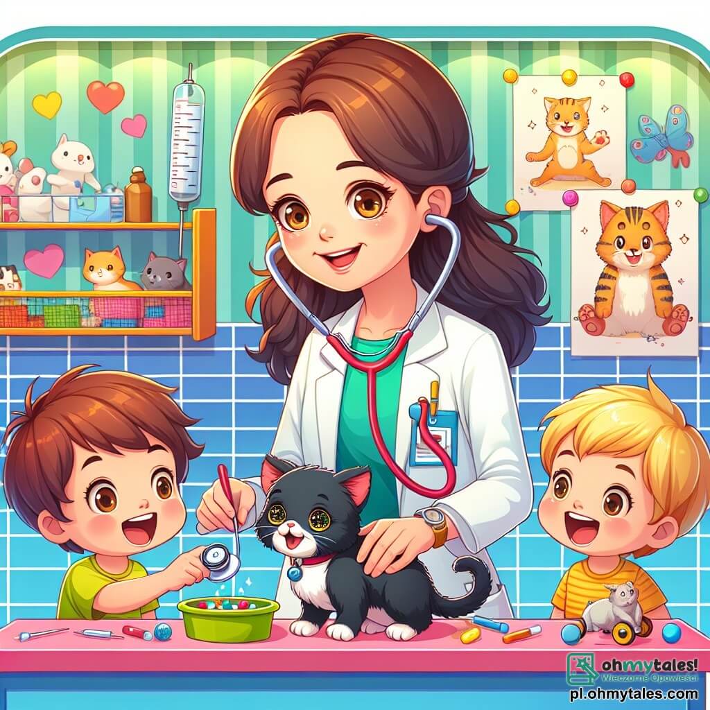 Une illustration sous forme de dessin destinée aux enfants représentant un cabinet médical coloré avec des murs ornés de dessins d'enfants, où une femme médecin souriante aux cheveux châtains et portant un stéthoscope autour du cou examine un petit chat noir aux yeux pétillants, tandis que deux garçons, l'un aux cheveux blonds et l'autre aux cheveux bruns, regardent avec émerveillement et rient en tenant des jouets pour animaux, créant une atmosphère joyeuse et ludique autour de la découverte de la médecine et des soins animaliers.