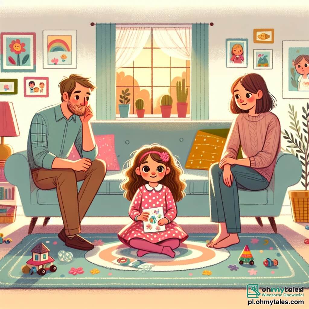 Ilustracja przedstawiająca ciepłą scenę w rodzinnym salonie. Salon jest udekorowany pastelowymi kolorami, z dużą, miękką kanapą, kolorowymi poduszkami i zabawkami rozsypanymi na dywanie. Okno wpuszcza światło słoneczne, oświetlając ściany ozdobione rysunkami dzieci.

Na środku obrazu znajduje się mała dziewczynka w wieku 5 lat, z długimi, kręconymi brązowymi włosami, ubrana w różową sukienkę w kropki. Siedzi na dywanie, z nogami skrzyżowanymi, z zmartwionym wyrazem twarzy, trzymając mały rysunek w dłoniach. Jej oczy są duże i ekspresyjne, odzwierciedlając pragnienie komunikacji.

Obok niej siedzą dwie osoby dorosłe, mężczyzna i kobieta, w wieku około trzydziestu lat, na kanapie. Mężczyzna ma krótkie brązowe włosy i nosi niebieską koszulę, podczas gdy kobieta ma długie, gładkie włosy i jest ubrana w miękki sweter. Patrzą na siebie z uważnym wyrazem twarzy, pokazując, że z zainteresowaniem słuchają małej dziewczynki.

Główna sytuacja ukazuje małą dziewczynkę, która wyraża swoje uczucia rodzicom, starając się im pokazać, że jest smutna, gdy się kłócą. Wokół nich mogłyby unosić się dymki z dialogiem, ilustrując komunikację i słuchanie. W tle na ścianie wiszą dziecięce rysunki, symbolizujące miłość rodzinną.