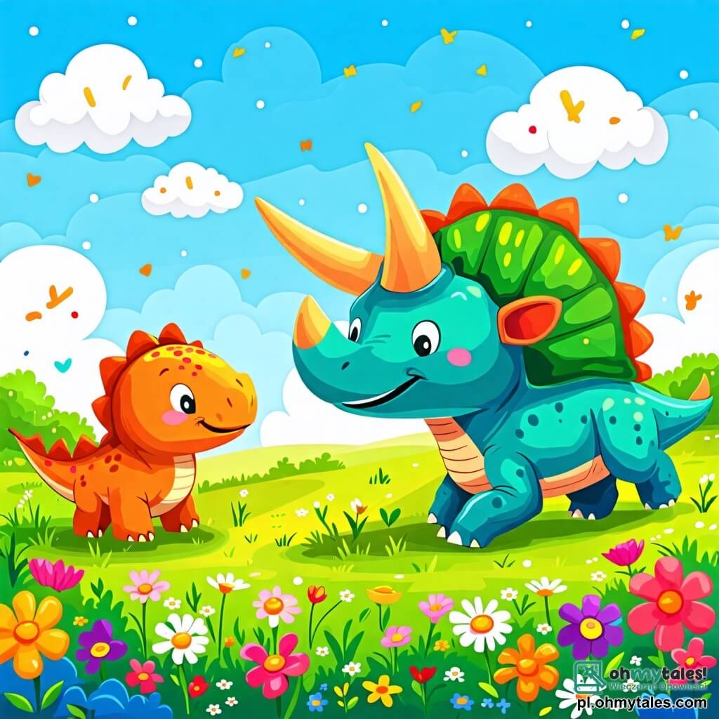 Une illustration sous forme de dessin destinée aux enfants représentant une vaste prairie verdoyante parsemée de fleurs colorées, où un tricératops aux grandes cornes et à la peau verte joue joyeusement en courant, tandis qu'un petit dinosaure à la peau orange et aux yeux pétillants l'observe avec émerveillement, tous deux partageant un moment de bonheur et d'amitié sous un ciel bleu parsemé de nuages moelleux.