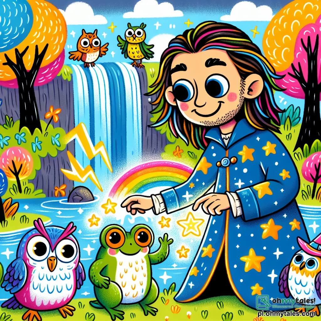 Une illustration sous forme de dessin destinée aux enfants représentant un paysage féerique d'un monde coloré avec des chutes d'eau scintillantes et des arbres aux feuilles multicolores, où un homme aux longs cheveux dorés et un costume bleu parsemé d'étoiles, souriant et déterminé, utilise ses pouvoirs pour créer des éclairs lumineux, tandis qu'une sage chouette aux grands yeux ronds et une grenouille joyeuse aux couleurs vives l'observent avec admiration, alors qu'ils unissent leurs forces pour convaincre des créatures amusantes aux chapeaux rigolos de partager des nuages colorés qu'ils tentent de voler, illustrant ainsi l'importance de l'amitié et de la coopération.