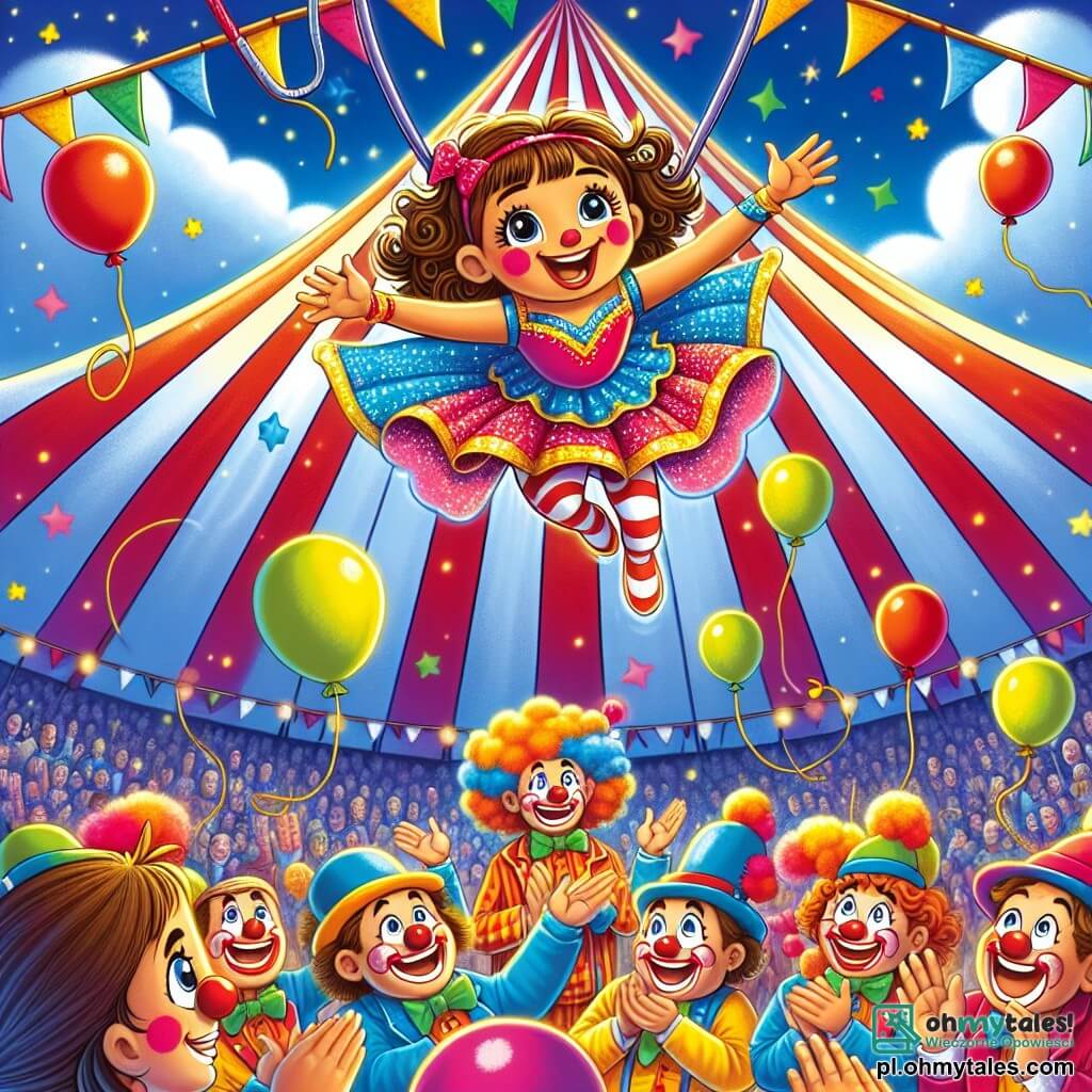 Ilustracja przedstawiająca dużą, kolorową kopułę cyrkową z czerwono-białymi paskami, unoszącą się pod jasnoniebieskim niebem usianym białymi chmurami. Wewnątrz, dynamiczna scena, na której 11-letnia dziewczynka z kręconymi kasztanowymi włosami i błyszczącymi z radości oczami wykonuje odważną akrobację na trapezie, ubrana w błyszczący kostium w jaskrawych kolorach. Uśmiecha się z determinacją, z wyciągniętymi ramionami, aby utrzymać równowagę. Wokół niej grupa wesołych clownów, wszyscy w wieku około 30 lat, z ekstrawagancko pomalowanymi twarzami i kolorowymi strojami, klaskają i zachęcają młodą akrobatkę. Jeden z nich, wysoki mężczyzna z czerwonym nosem i cylinderkiem, unosi ręce w górę, podczas gdy mała, okrągła clownka robi miny, by rozbawić publiczność. Główna scena pokazuje dziewczynkę w locie, zawieszoną w powietrzu, podczas gdy kolorowe balony unoszą się wokół niej, a zachwyceni widzowie w różnym wieku patrzą z wyrazami zdumienia i ekscytacji. Confetti delikatnie spada z nieba, dodając świątecznego akcentu do magicznej atmosfery cyrku.