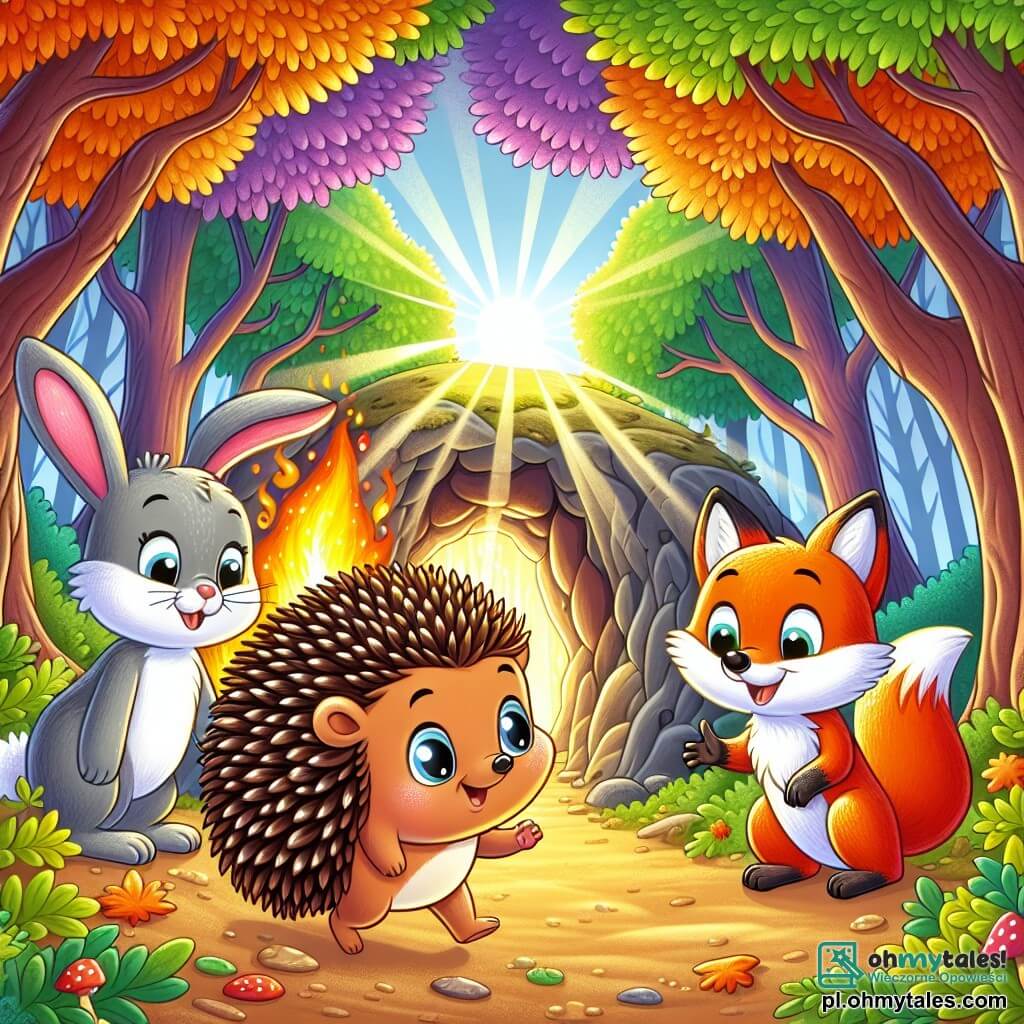 Une illustration sous forme de dessin destinée aux enfants représentant une forêt enchantée, avec des arbres aux feuilles éclatantes de couleurs vives et des rayons de soleil filtrant à travers les branches, où un petit hérisson aux piquants brillants et aux yeux pétillants d'excitation se tient courageusement devant une jaskinia (caverne) mystérieuse, tandis qu'à ses côtés, un joyeux lapin aux grandes oreilles et un rusé renard à la fourrure flamboyante l'encouragent, tous prêts à partir à l'aventure à la recherche d'un précieux fruit doré, symbole d'amitié et de courage.