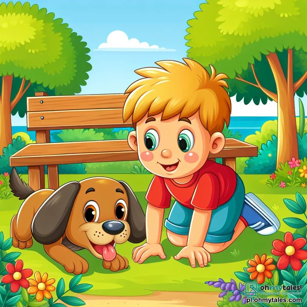 Une illustration sous forme de dessin destinée aux enfants représentant un parc ensoleillé avec des arbres verts et des fleurs colorées, où un petit garçon de 2 ans aux cheveux blonds et aux yeux pétillants, vêtu d'un t-shirt rouge et de shorts bleus, est allongé sur le ventre en train de regarder sous une vieille banque à la recherche d'un trésor, tandis qu'un joyeux chien marron aux grandes oreilles, qui remue la queue, l'observe avec curiosité, le tout illustrant l'aventure de la découverte d'un mystérieux objet brillant.